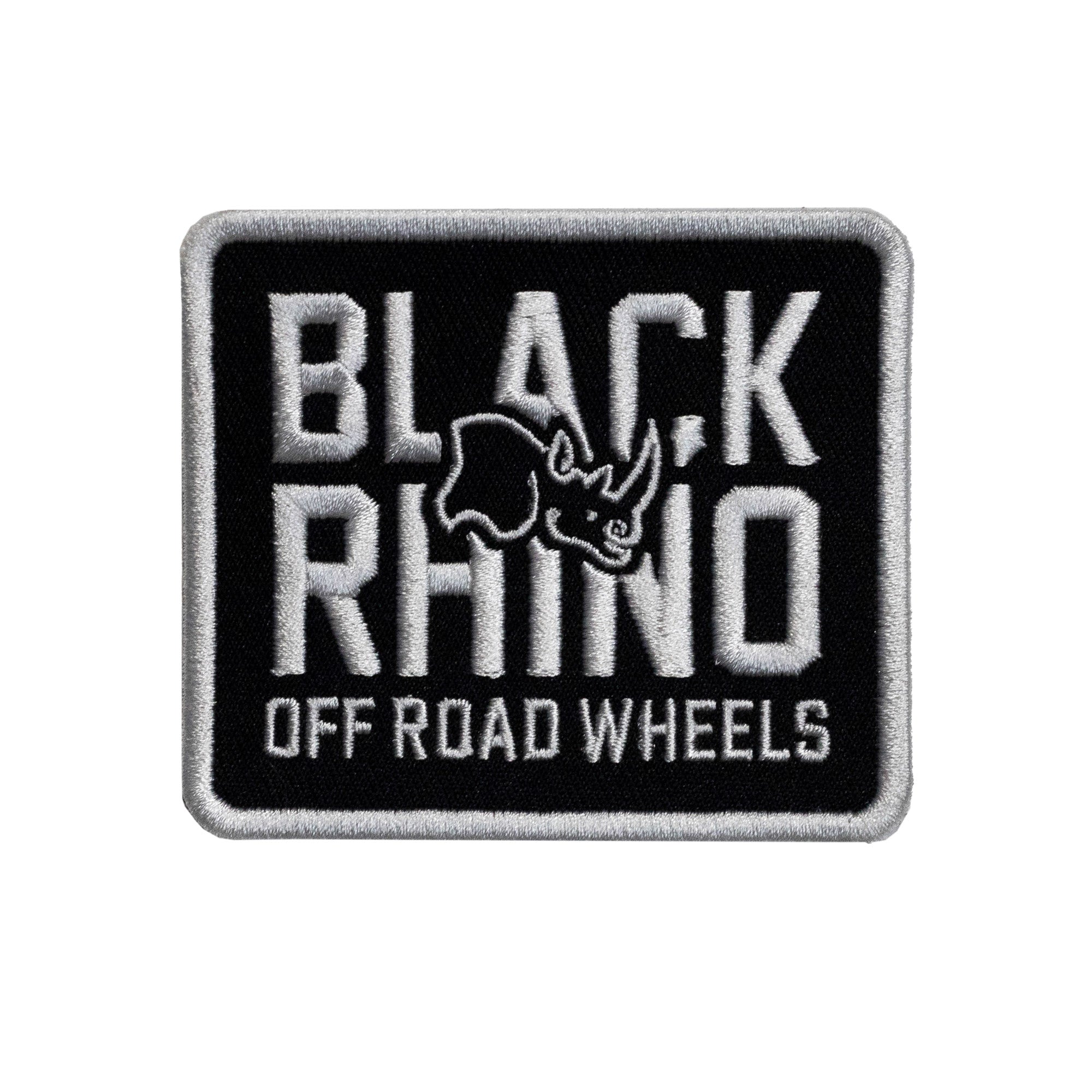 Black Rhino OFF ROAD embroidered patch featuring a bold design with an off-road vehicle motif on a black background. Ideal for jackets, hats, or backpacks.