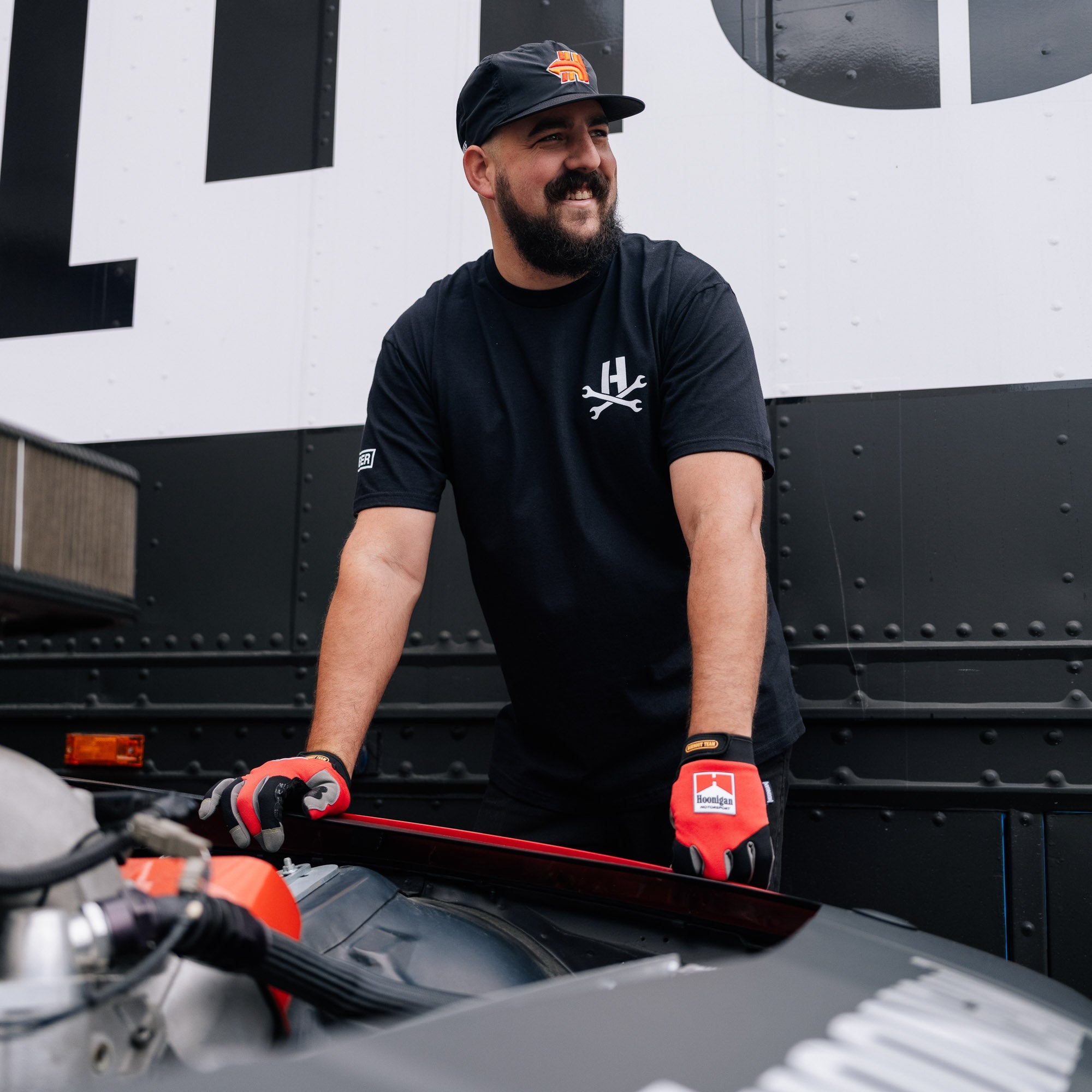 Black Hoonigan MAYHEM short sleeve tee with bold white graphic logo on the front.