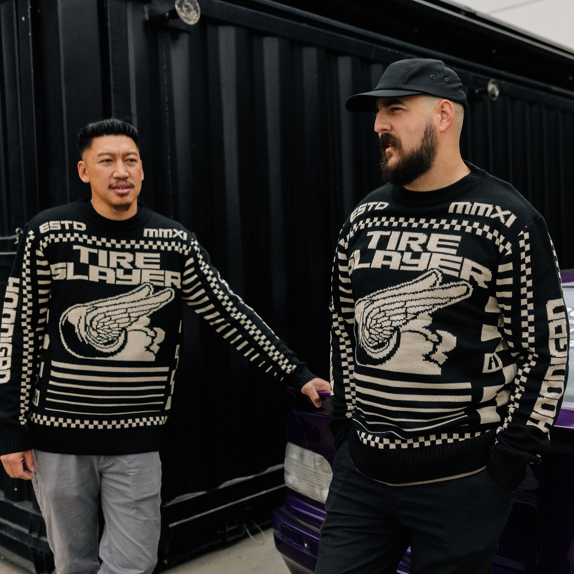 Hoonigan TIRE SLAYER Ugly Xmas Pullover featuring festive graphics and a comfortable fit, perfect for holiday celebrations.