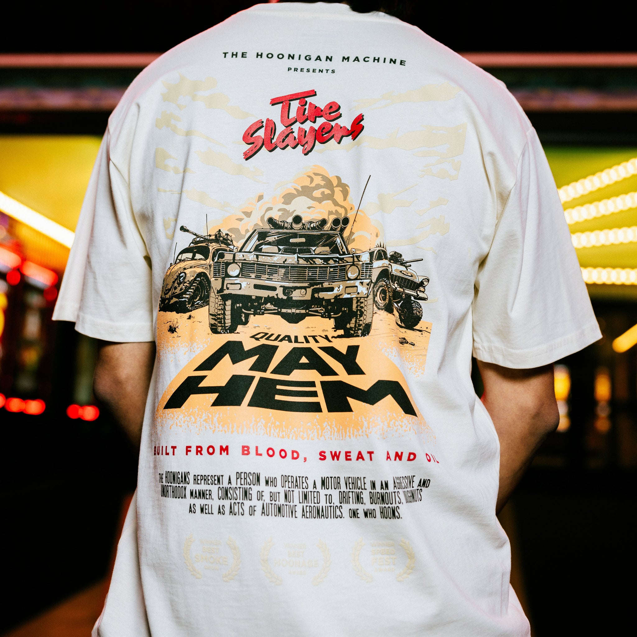 Hoonigan MAYHEM ROAD Short Sleeve Tee featuring bold graphic design and vibrant colors.