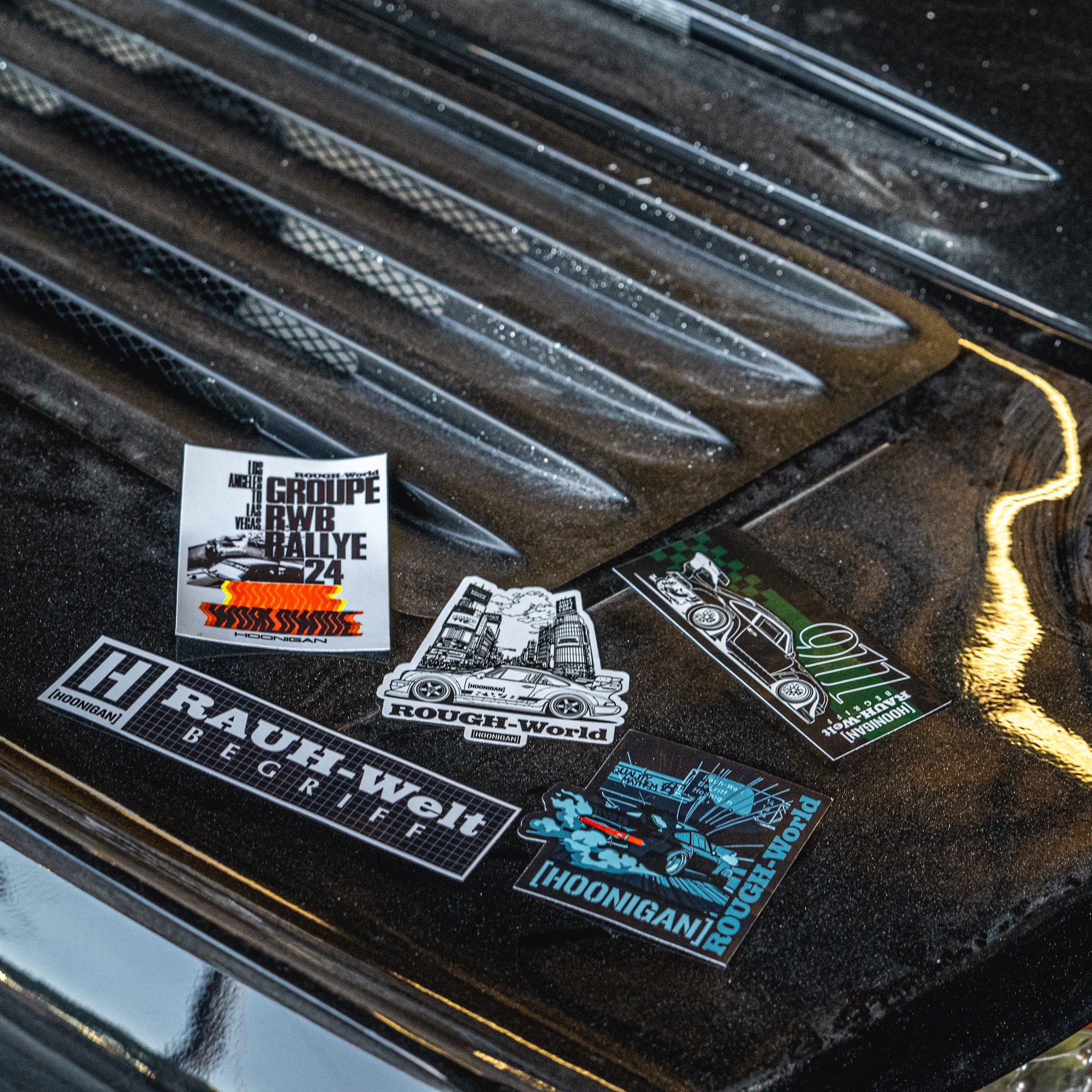 Hoonigan X RWB GROUPE RWP 5-inch sticker featuring a bold graphic design and vibrant colors.