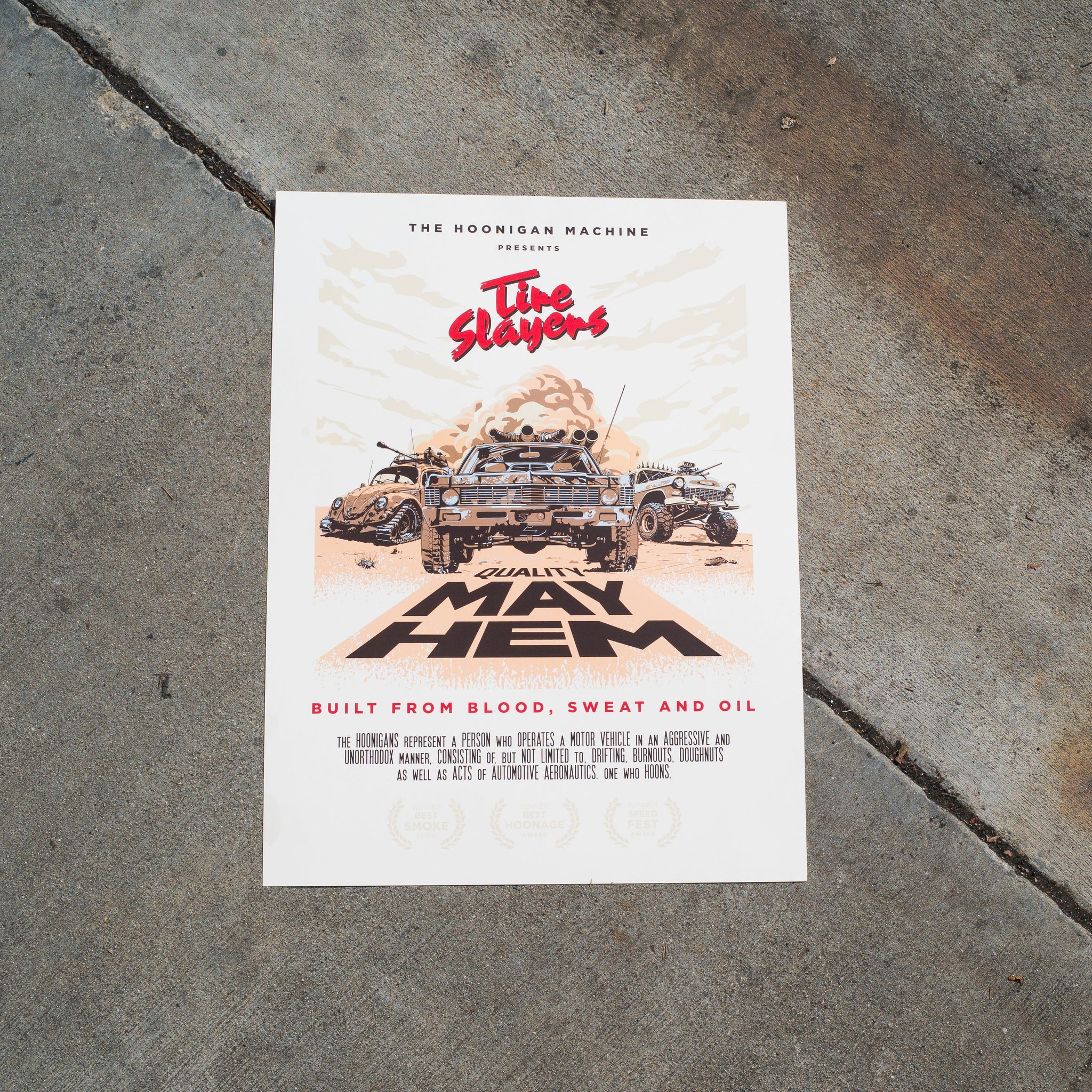 Hoonigan MAYHEM ROAD poster featuring vibrant racing graphics, sized 18" x 24".