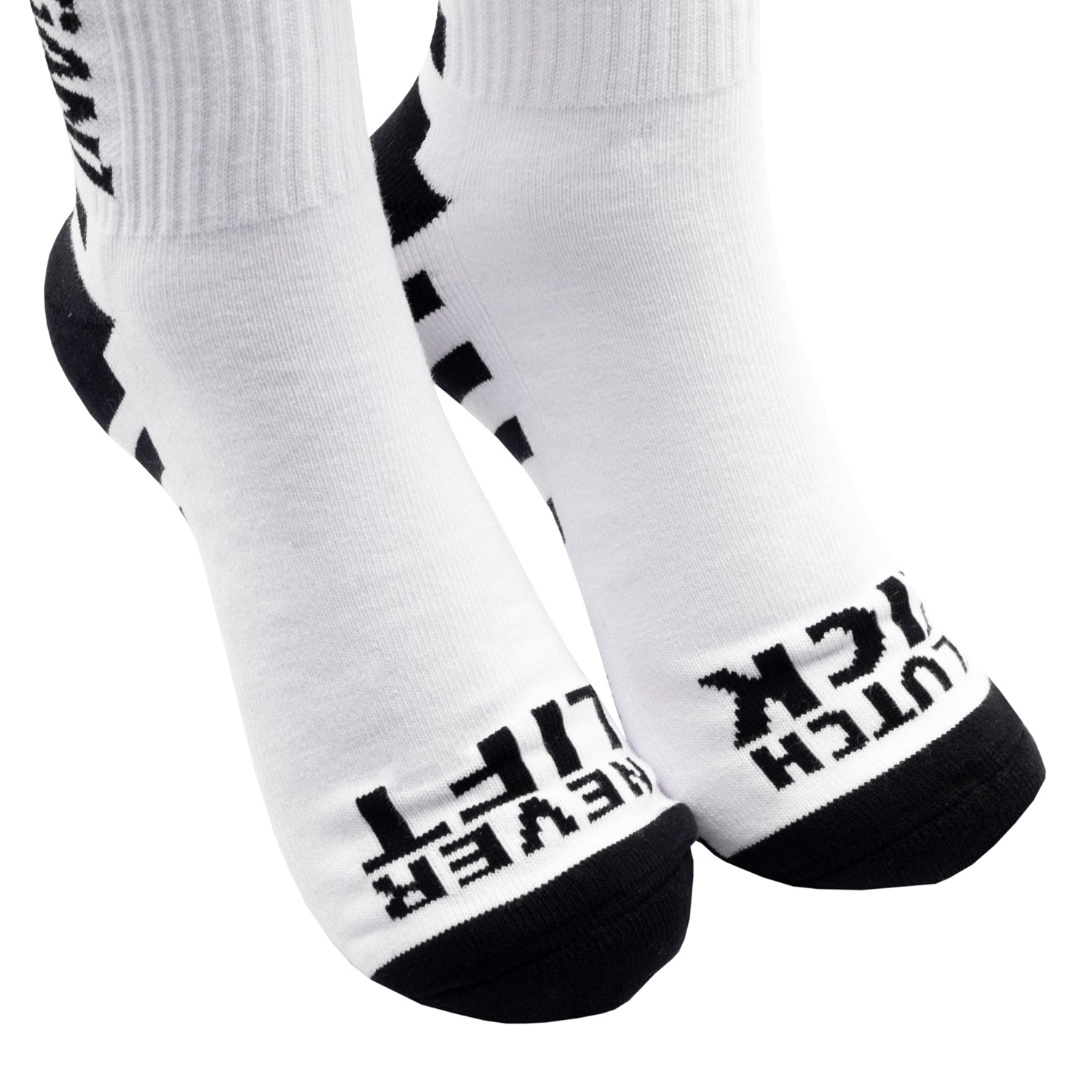 Hoonigan FINISHLINE II Crew Socks featuring a black and white design with bold Hoonigan branding and athletic stripes.