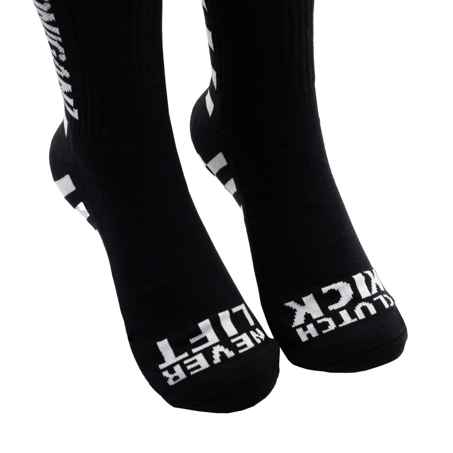 Hoonigan FINISHLINE II Crew Socks featuring a bold black and white design with racing graphics.