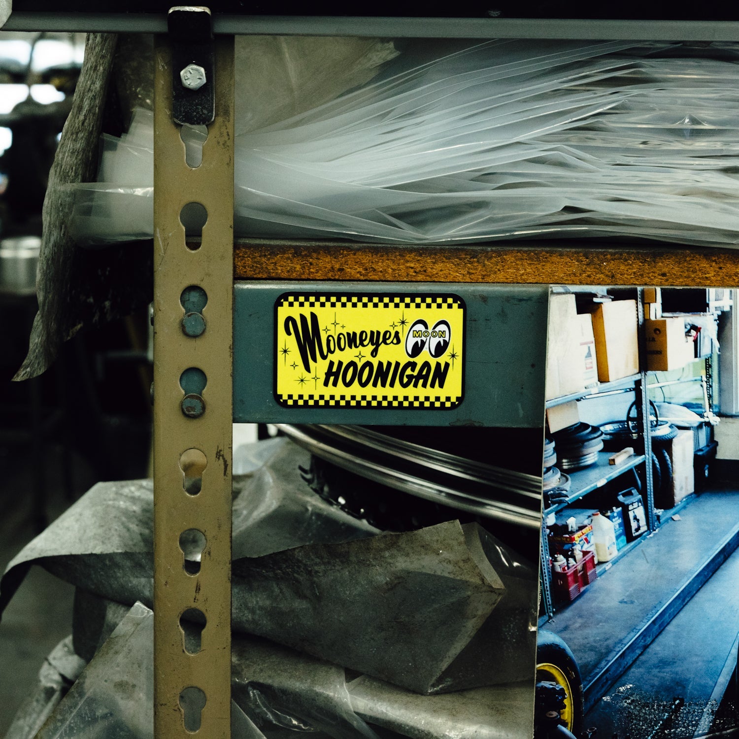 Hoonigan x Mooneyes MOONSHINE sticker, 3.5 inches, featuring a vintage racing design with bold graphics and vibrant colors.