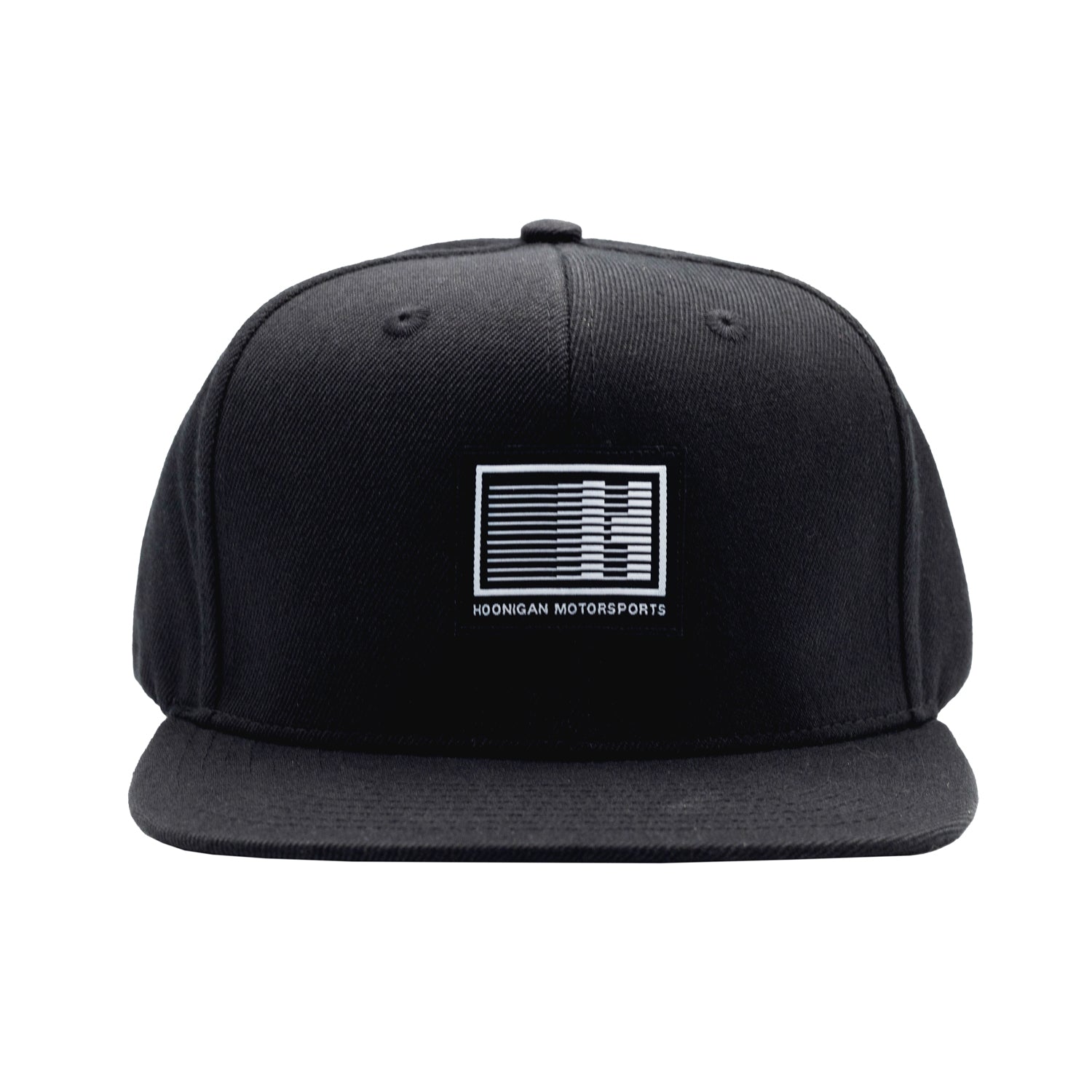 Hoonigan Motorsports snapback hat with black base and white logo on the front.