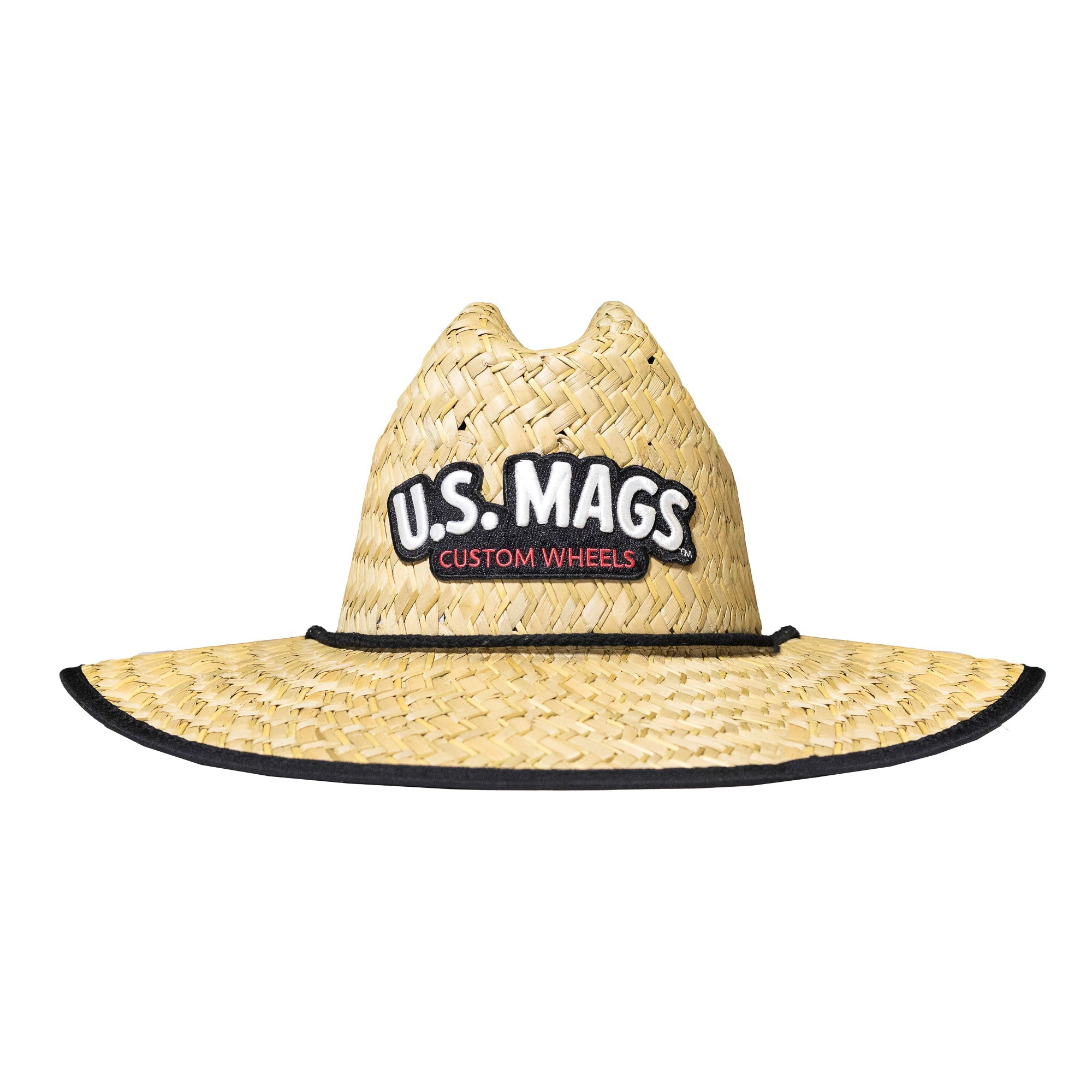 US MAGS straw hat with a wide brim and a black band, featuring a textured straw design, ideal for summer wear.
