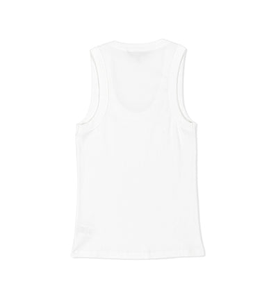 Leah Pruett LP IGNITE white tank top featuring a racerback design and bold graphic logo on the front.