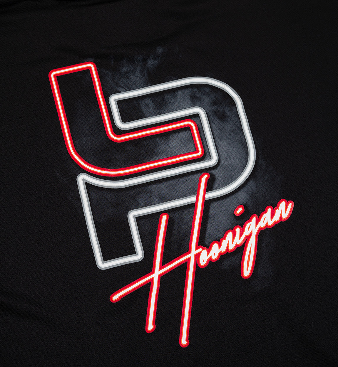 Hoonigan Women's Leah Pruett LP ENERGY short sleeve pullover hoodie in black, featuring a relaxed fit and graphic design.