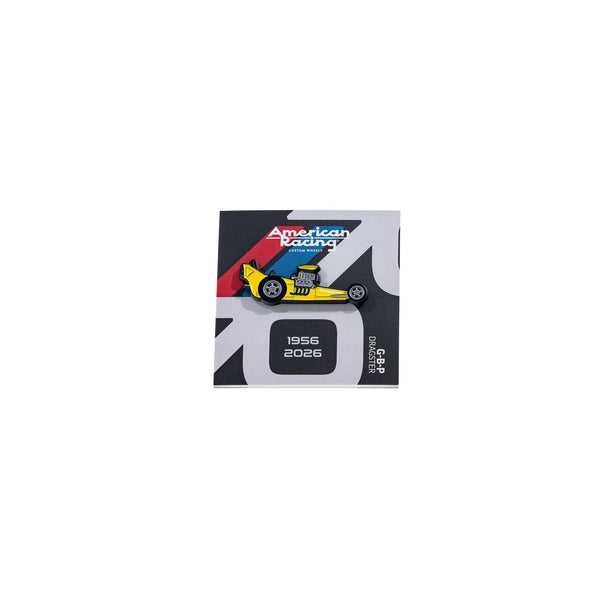 American Racing DRAGSTER Leen Customs Pin featuring a vintage dragster design with bold colors and branding.