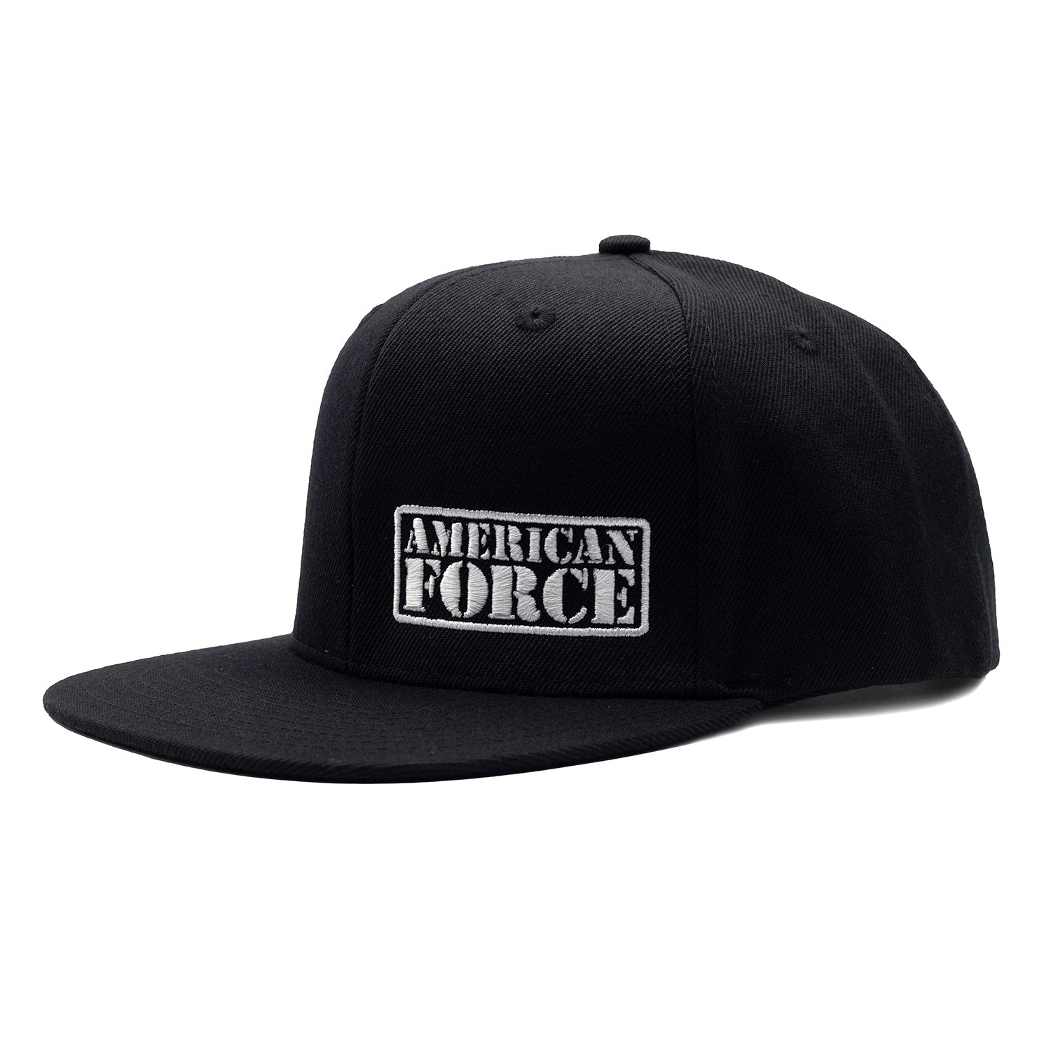American Force LOGO Snapback Hat in black and white, featuring an embroidered logo on the front panel.