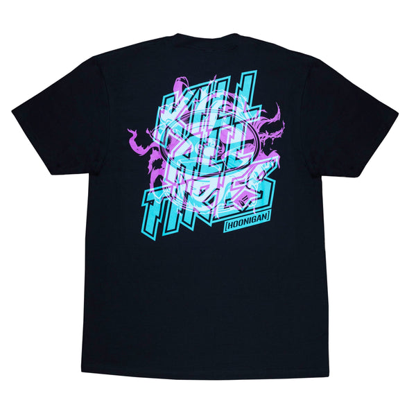 Black short sleeve Hoonigan TREADWEAR T-shirt featuring a vibrant graphic that reads "Kill All Tires" on the back.