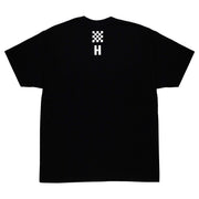 Black Hoonigan AUTOBAHN short sleeve t-shirt featuring a checkered flag graphic and logo on the back.