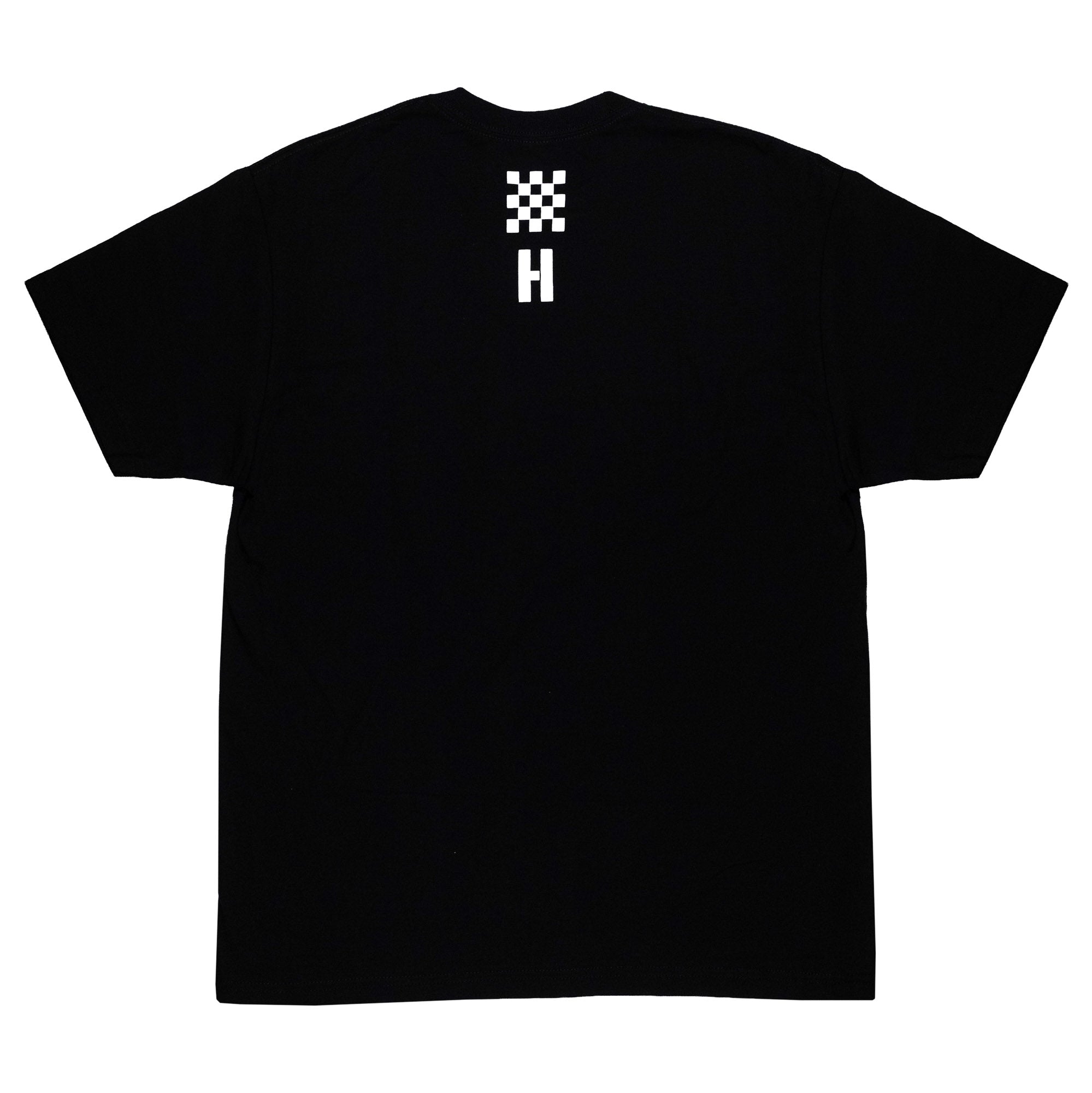 Black Hoonigan AUTOBAHN short sleeve t-shirt featuring a checkered flag graphic and logo on the back.