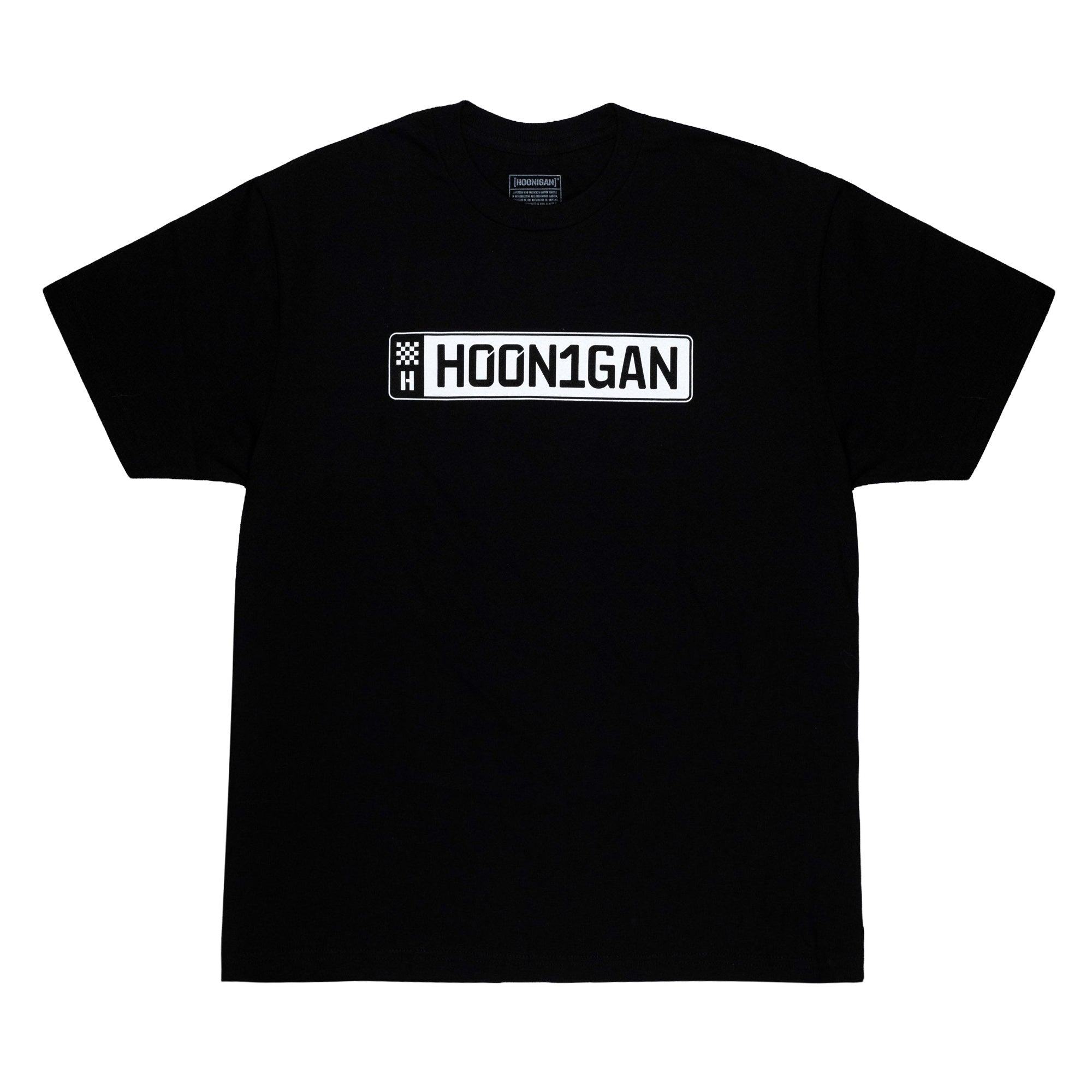 Black short sleeve t-shirt featuring a bold white "HOON1GAN" logo, perfect for automotive enthusiasts.