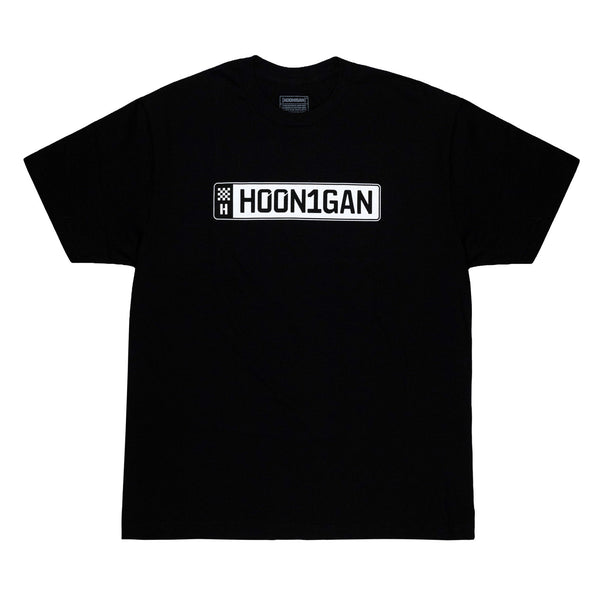 Black short sleeve t-shirt featuring a bold white "HOON1GAN" logo, perfect for automotive enthusiasts.