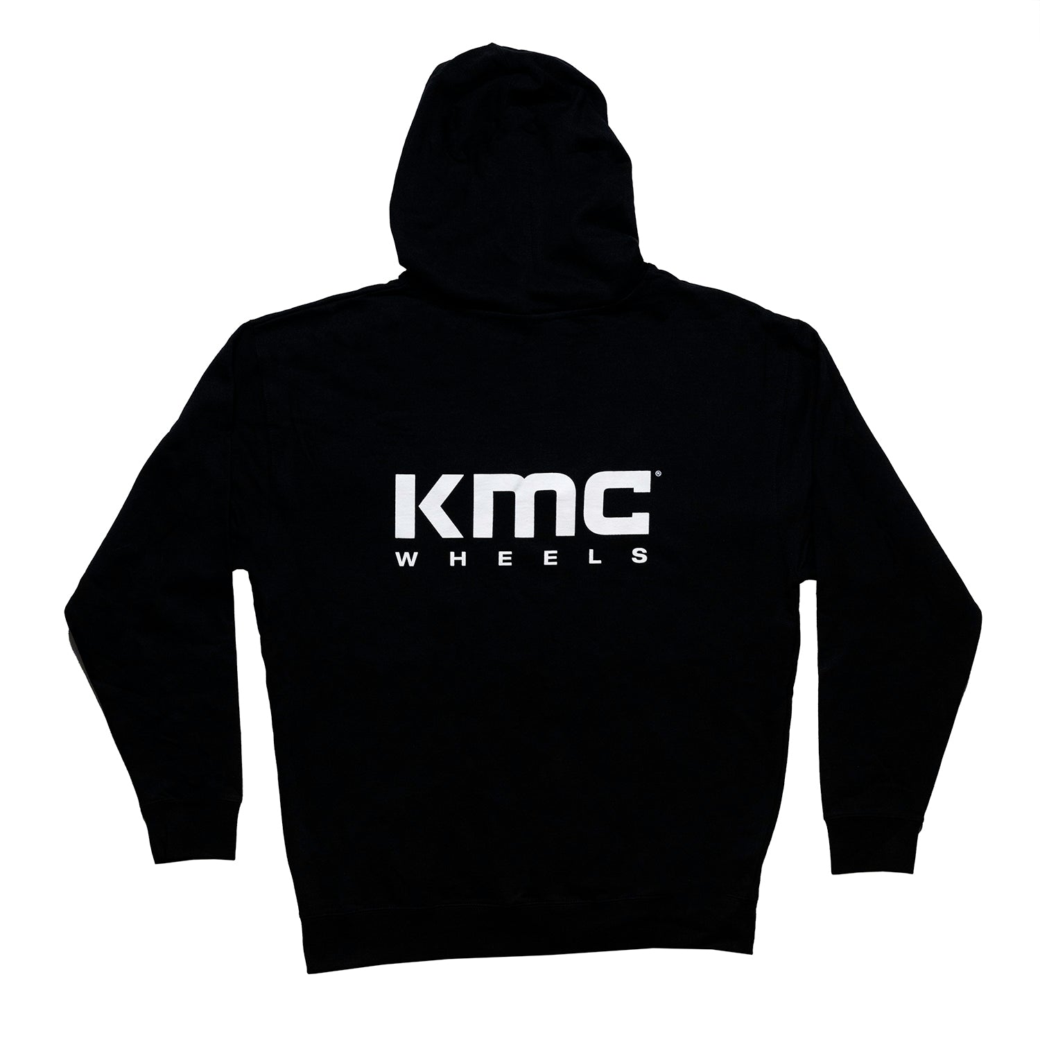 KMC Wheels logo hoodie featuring a bold graphic design on a black background.