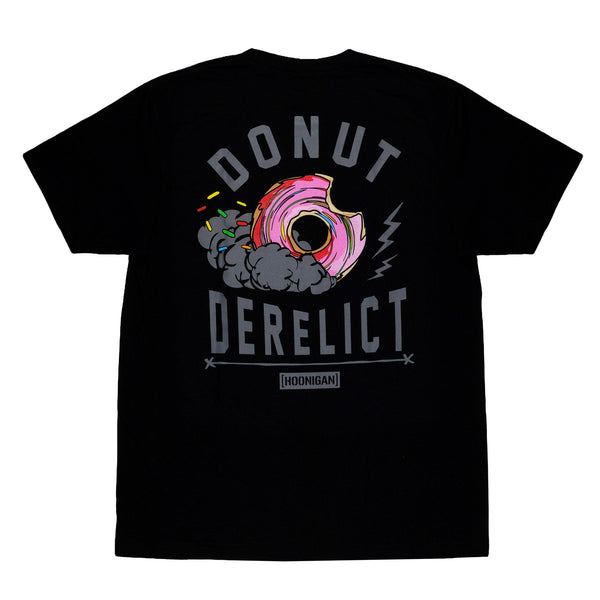 Black short sleeve t-shirt featuring a colorful donut graphic with smoke and the text "DONUT DERELICT" on the back.