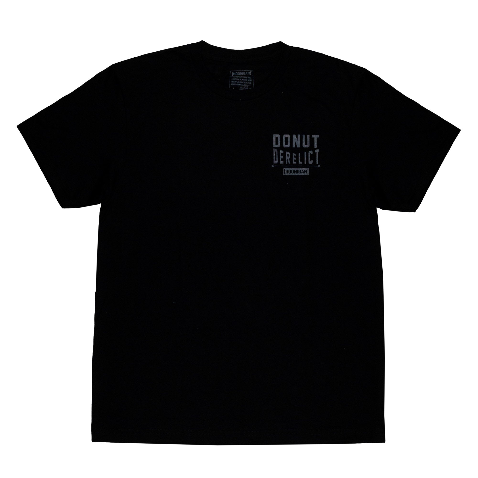 Black short sleeve t-shirt featuring "DONUT DERELICT" graphic on the front, ideal for motorsport enthusiasts.