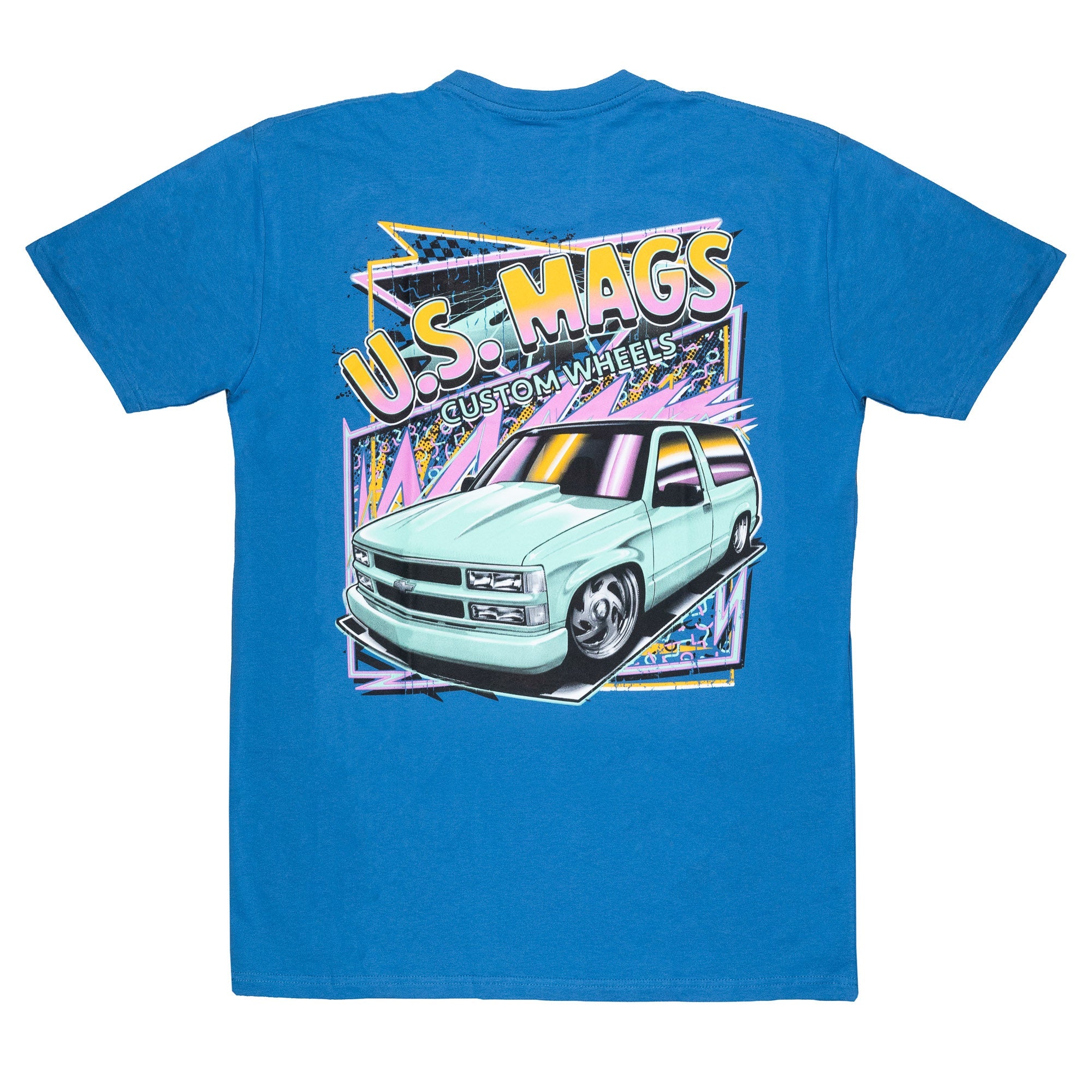 Blue short sleeve t-shirt featuring a retro graphic of a custom truck and "U.S. MAGS" text on the back.