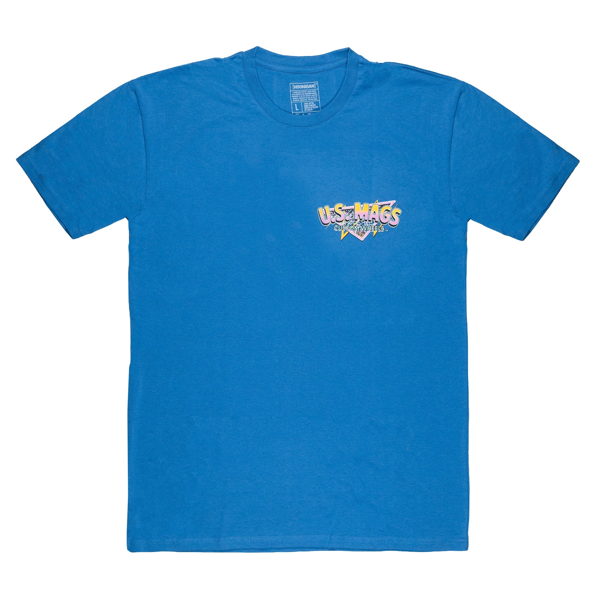 Blue short sleeve t-shirt featuring a colorful US Mags logo on the chest, perfect for automotive enthusiasts.