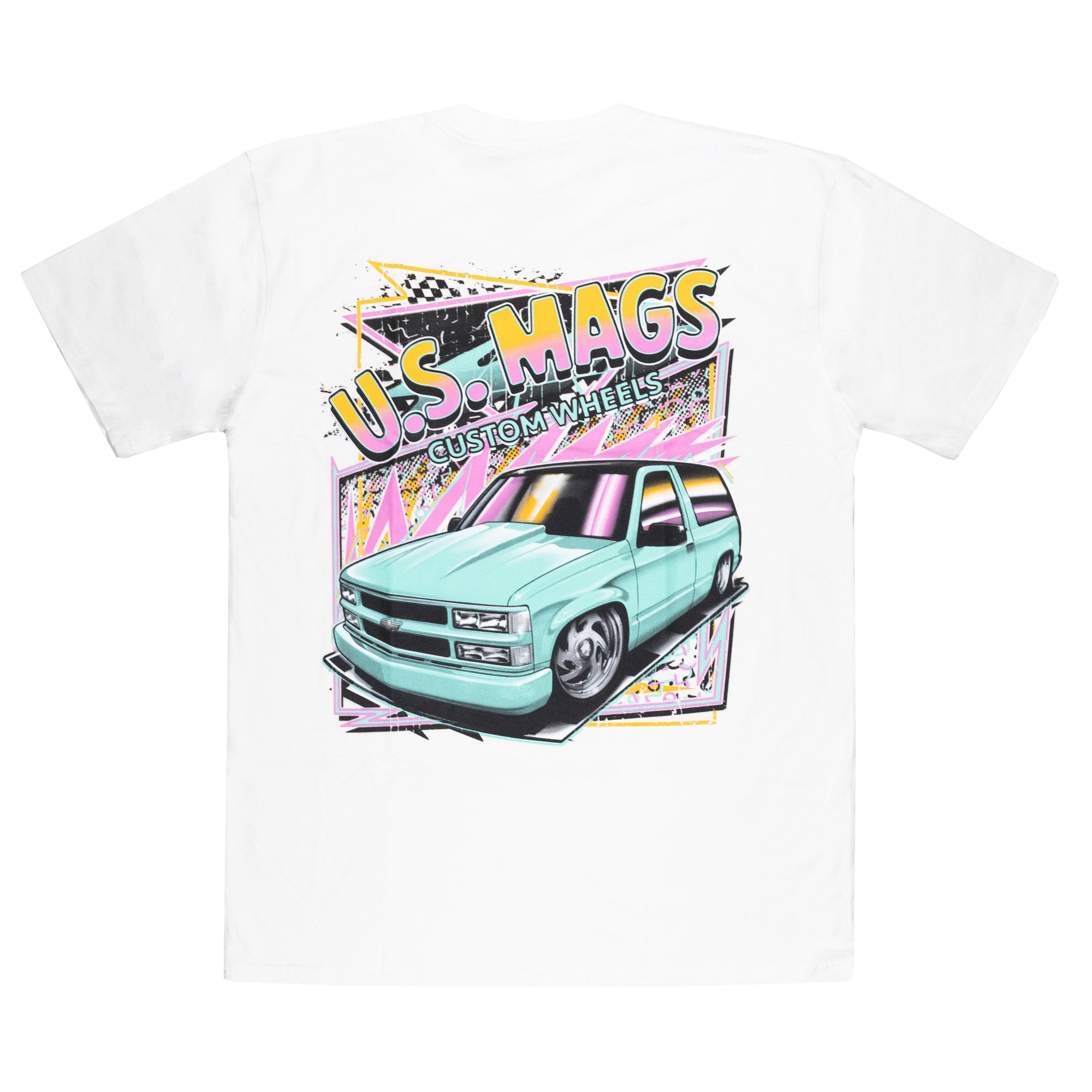 White short sleeve t-shirt featuring a vibrant graphic of a custom teal truck with "U.S. MAGS CUSTOM WHEELS" text on the back.