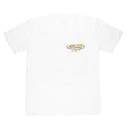 White short sleeve t-shirt featuring a colorful US Mags logo, perfect for automotive enthusiasts and casual wear.