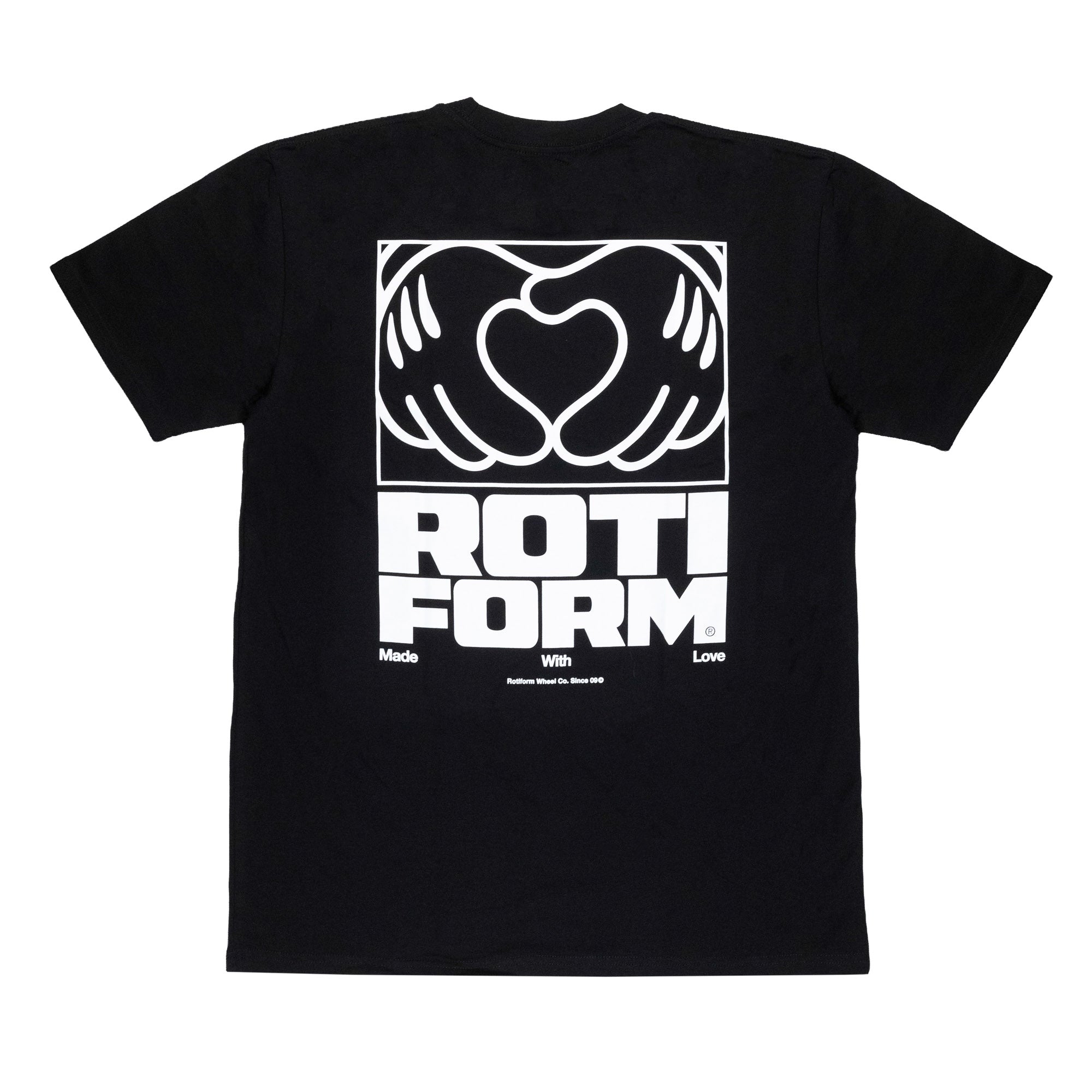 Black short sleeve t-shirt featuring a large heart graphic with hands and the text "Rotiform Made With Love" on the back.