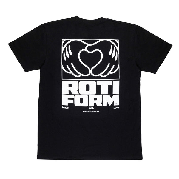 Black short sleeve t-shirt featuring a large heart graphic with hands and the text "Rotiform Made With Love" on the back.
