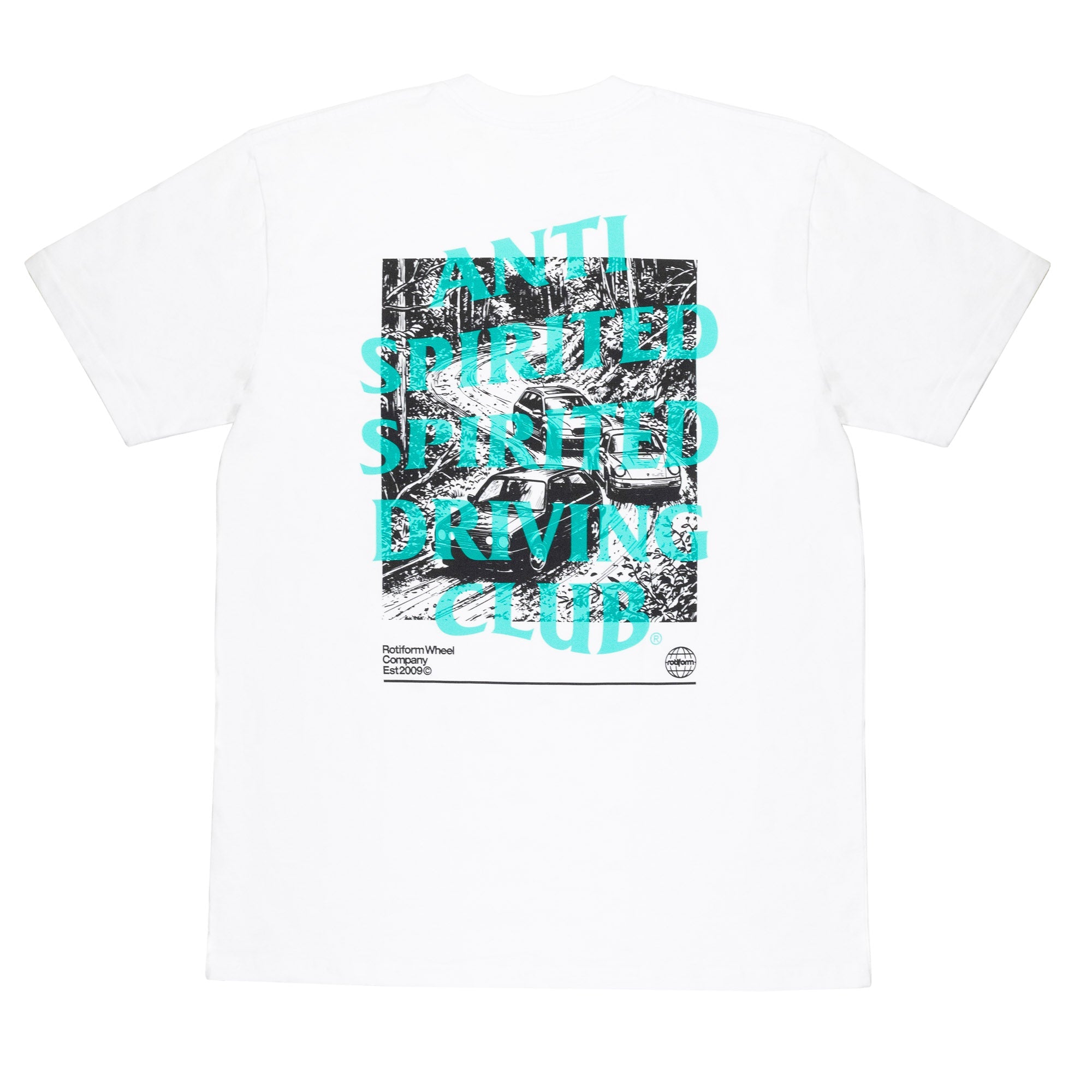 White short sleeve t-shirt featuring a bold graphic design with "ANTI-SPIRITED DRIVING CLUB" text on the back.