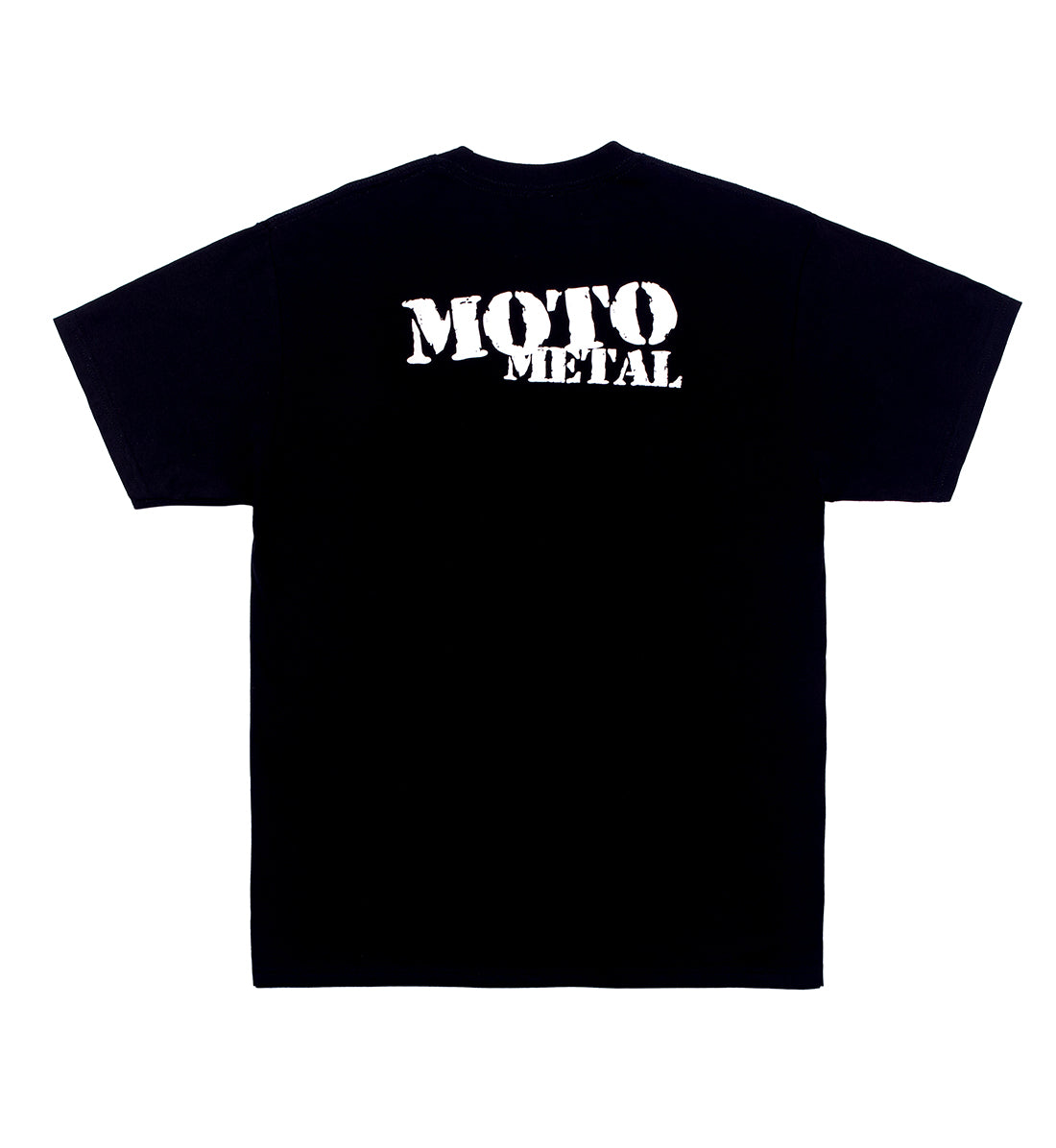 Black short sleeve t-shirt featuring the Moto Metal logo printed on the back.