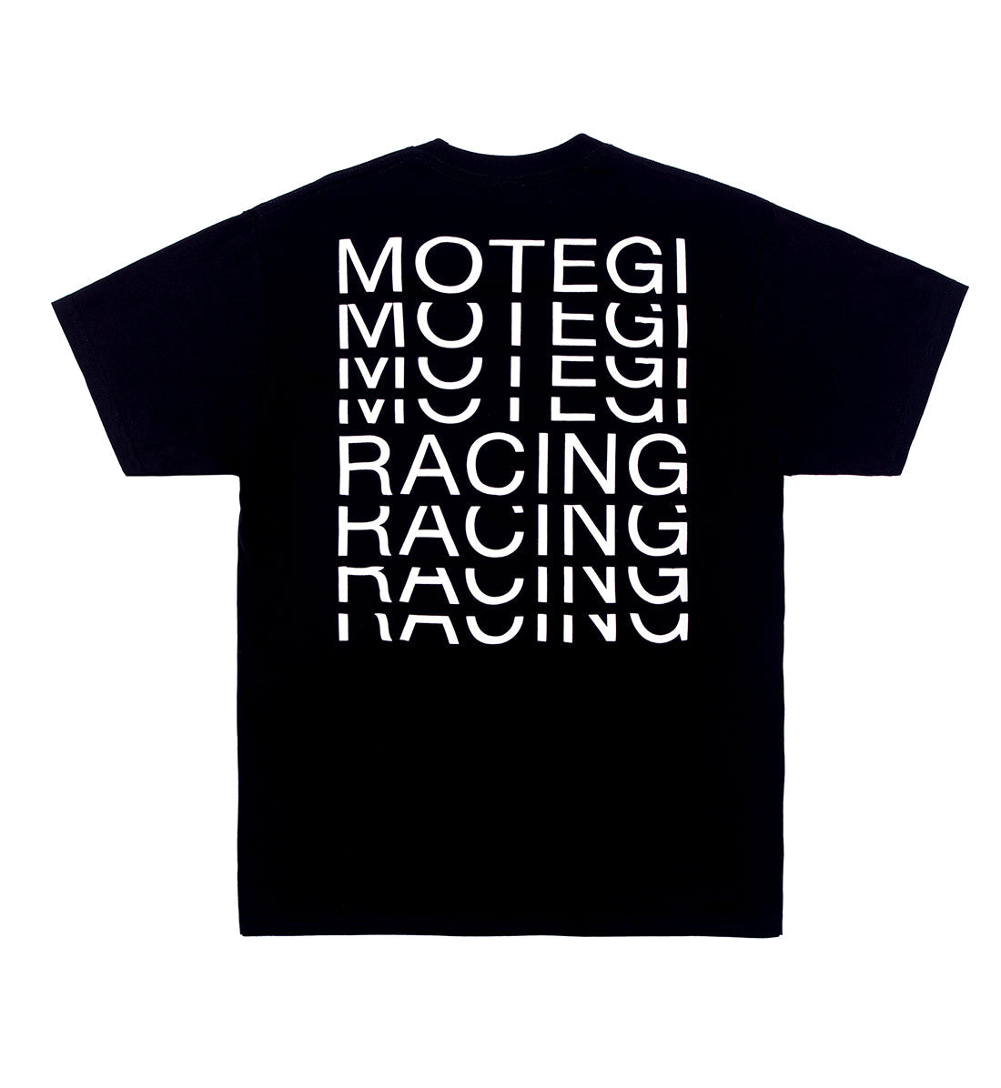 Back view of the Motegi RACE REPEAT Short Sleeve Tee in black, featuring a bold graphic design that emphasizes race-themed imagery.