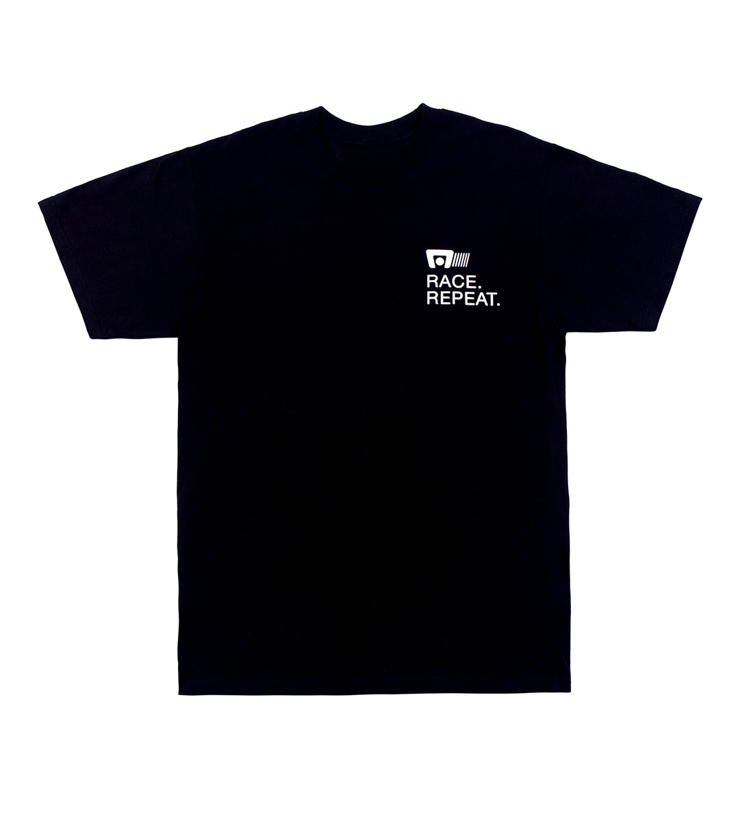 Motegi RACE REPEAT Short Sleeve Tee in black, featuring a bold graphic design on the front.