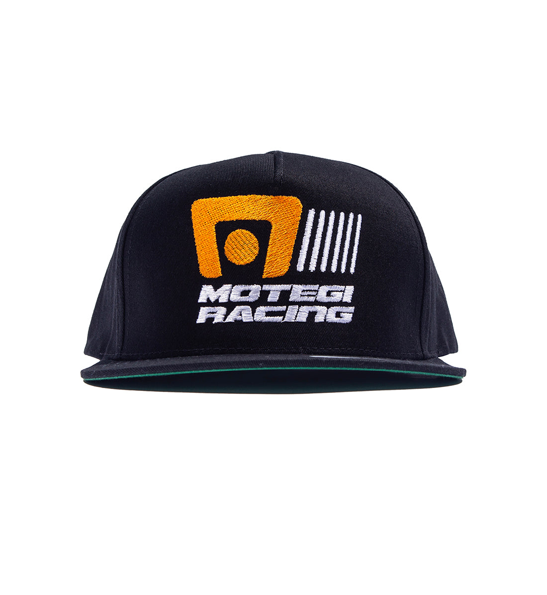 Motegi Racing black snapback hat featuring a structured design and embroidered logo on the front.