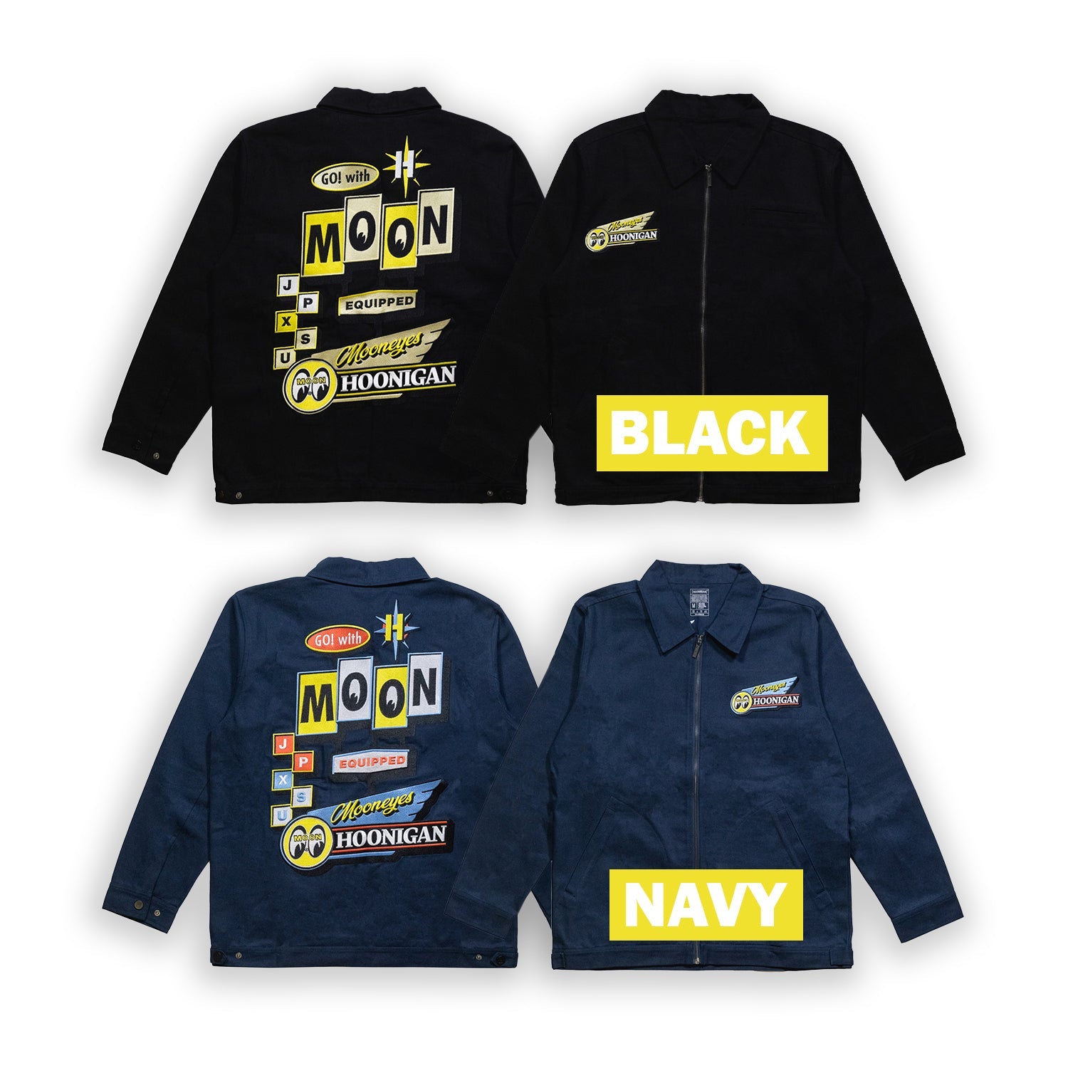 Hoonigan x Mooneyes MOON MOTEL jacket in black, featuring logo designs on the front and back, displayed on a wooden background.