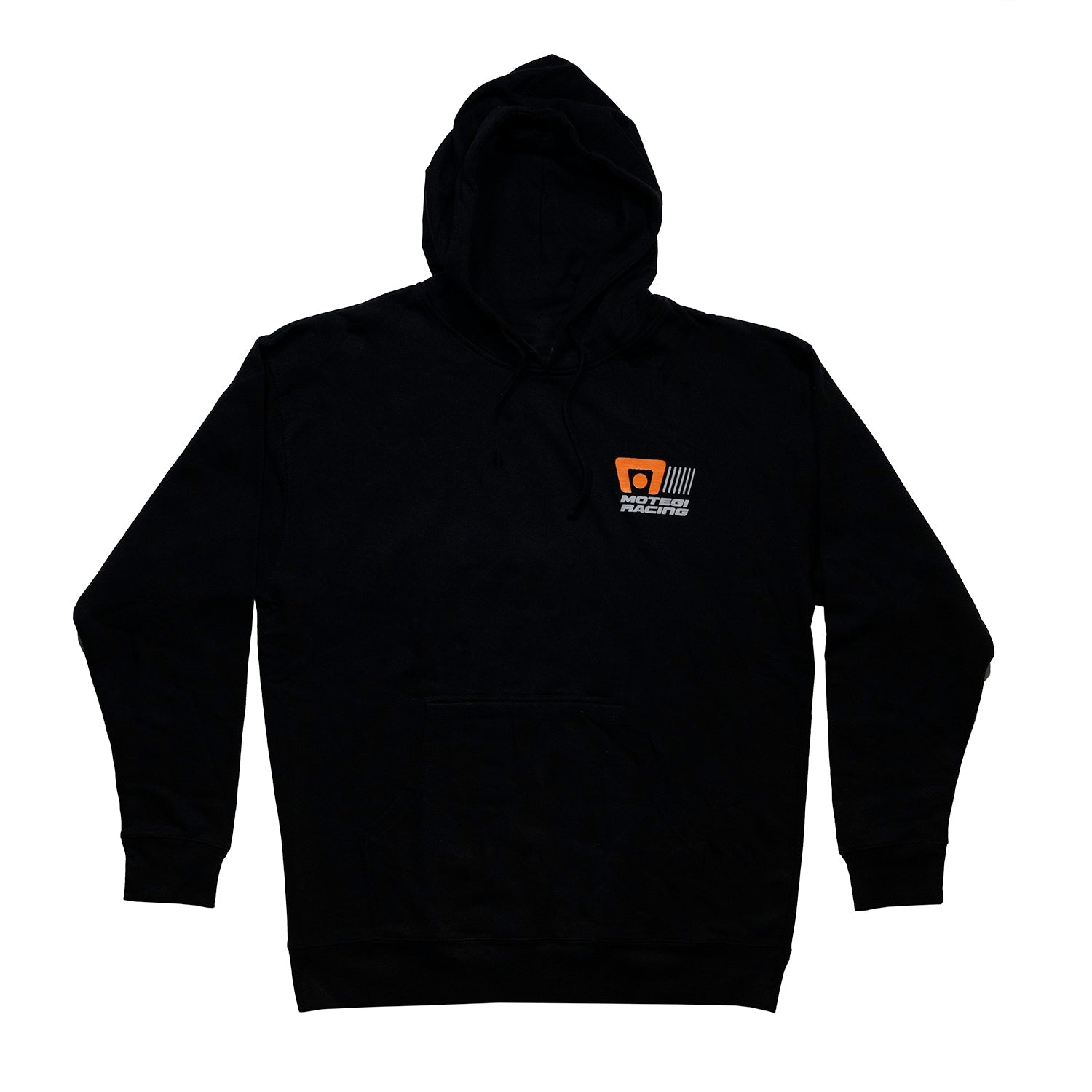 Motegi Racing logo hoodie featuring a bold logo design on a black background, with a front kangaroo pocket and adjustable drawstring hood.