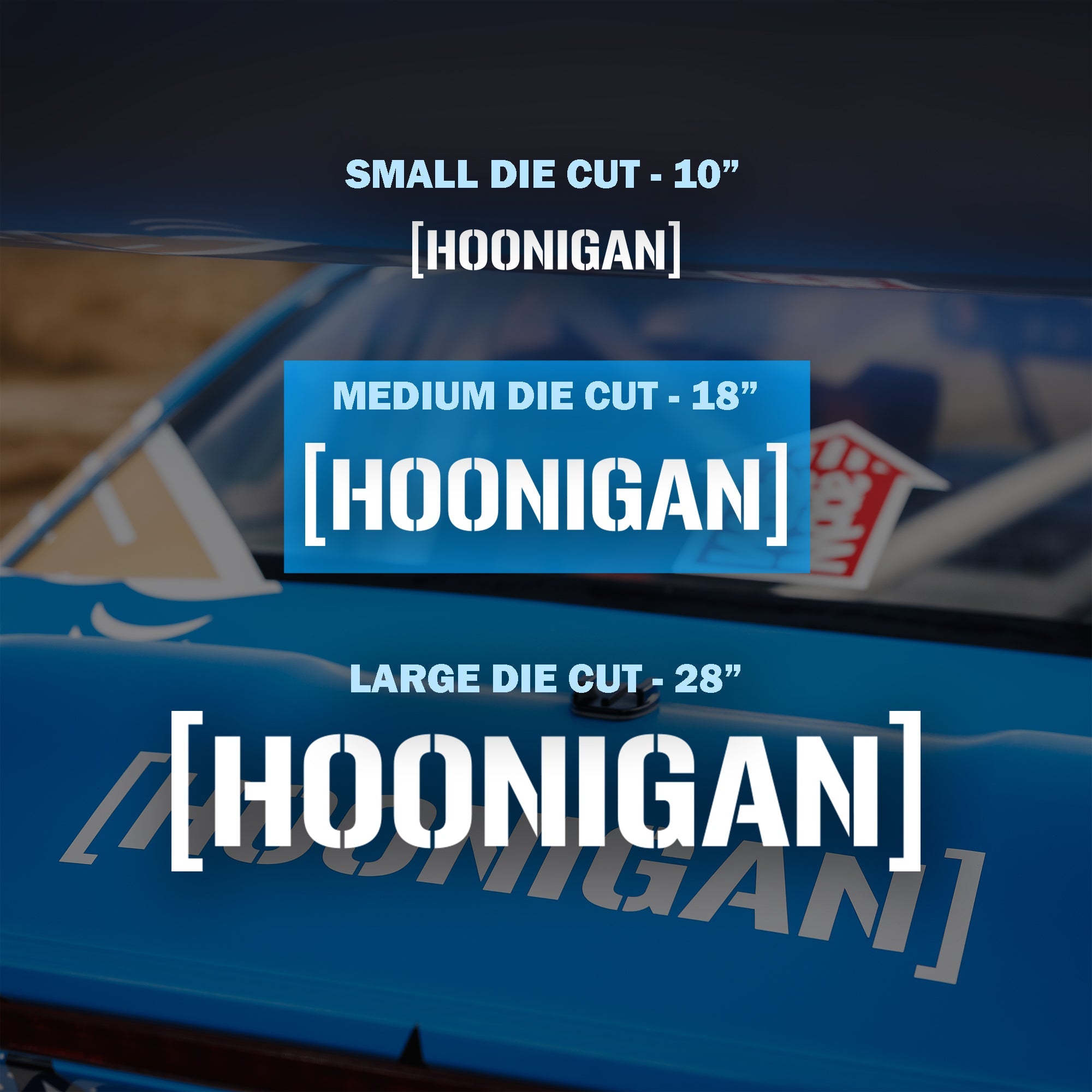 Three Hoonigan stickers in medium, large, and small die-cut sizes, featuring bold "[HOONIGAN]" text on a vehicle background.