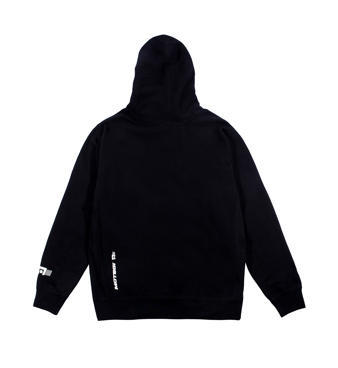 Black Motegi hoodie featuring a minimalist design, with a drawstring hood and ribbed cuffs, shown from the back.
