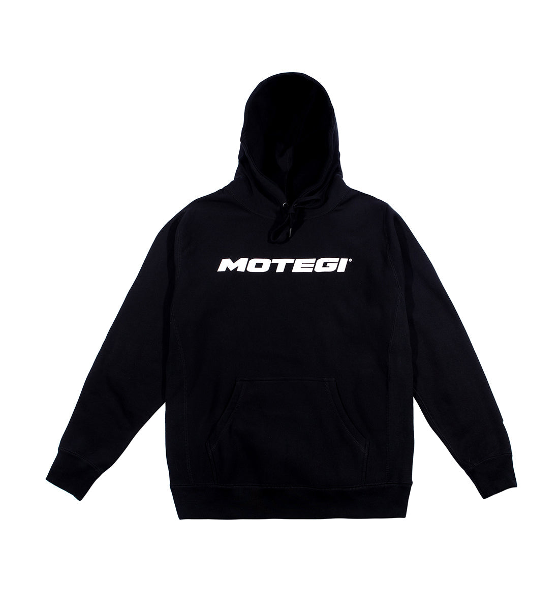 Black Motegi hoodie featuring a front pocket and drawstring hood.