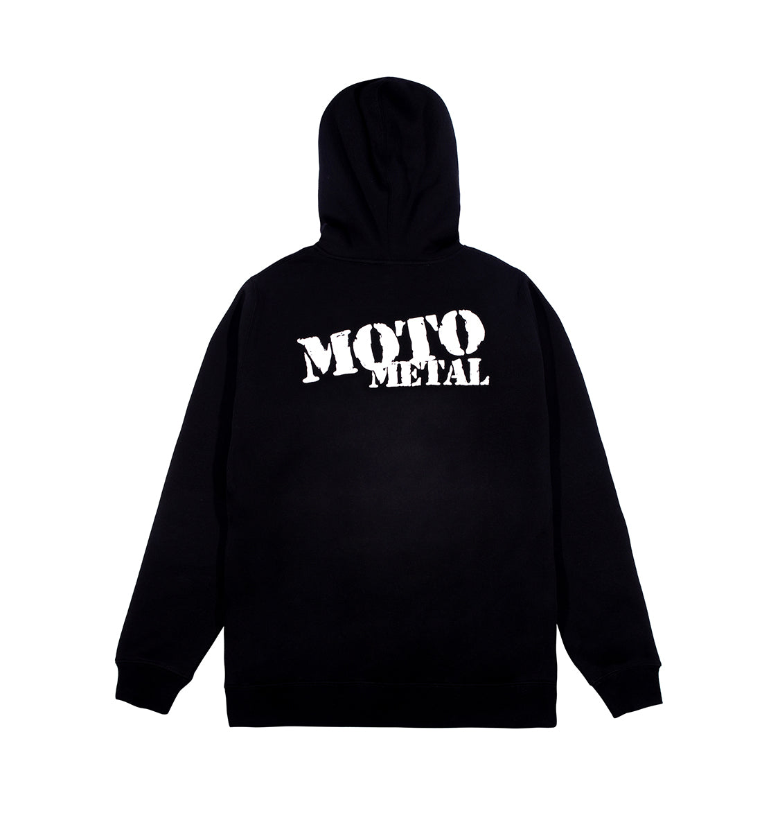 Black Moto Metal logo hoodie with a pullover design, featuring a large white logo on the back.