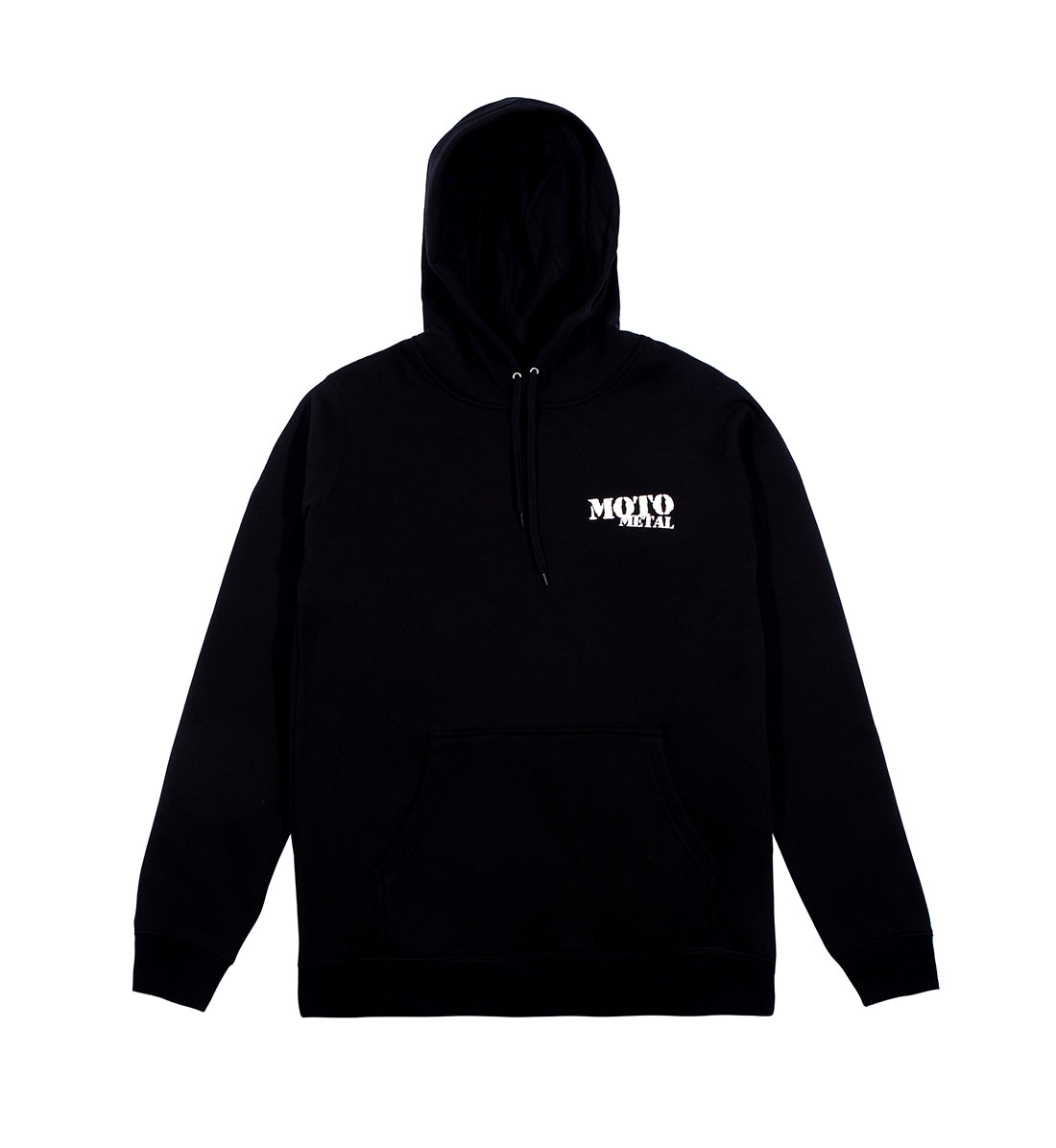 Black Moto Metal logo hoodie featuring a front pullover design with a bold white logo.