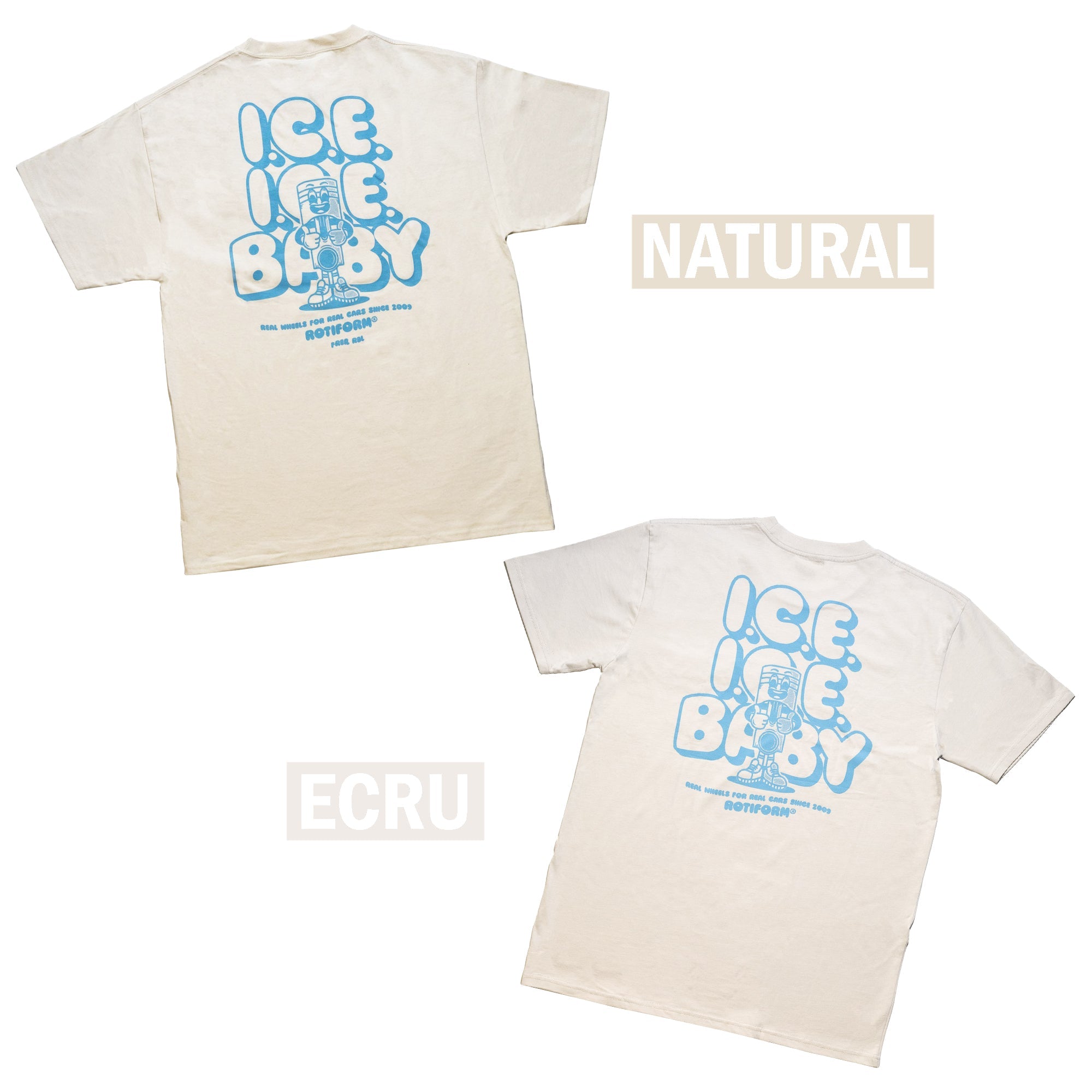 Rotiform COMBUST short sleeve t-shirt featuring a playful graphic design in blue on a natural and ecru background.