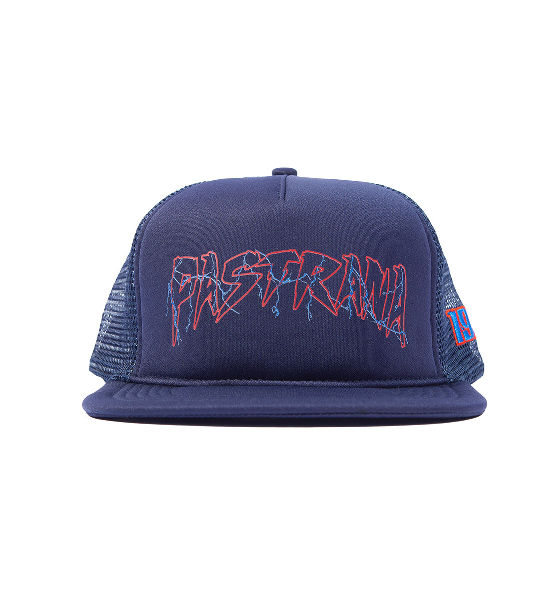 Travis Pastrana Fighting Spirit Trucker Hat in navy blue with a front logo featuring an eagle and bold text.