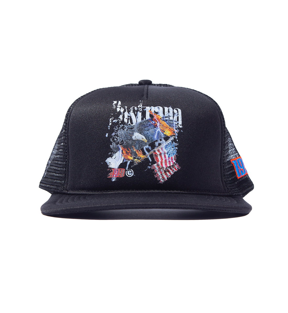 Travis Pastrana FLY HIGH black trucker hat with mesh back and front embroidered logo.
