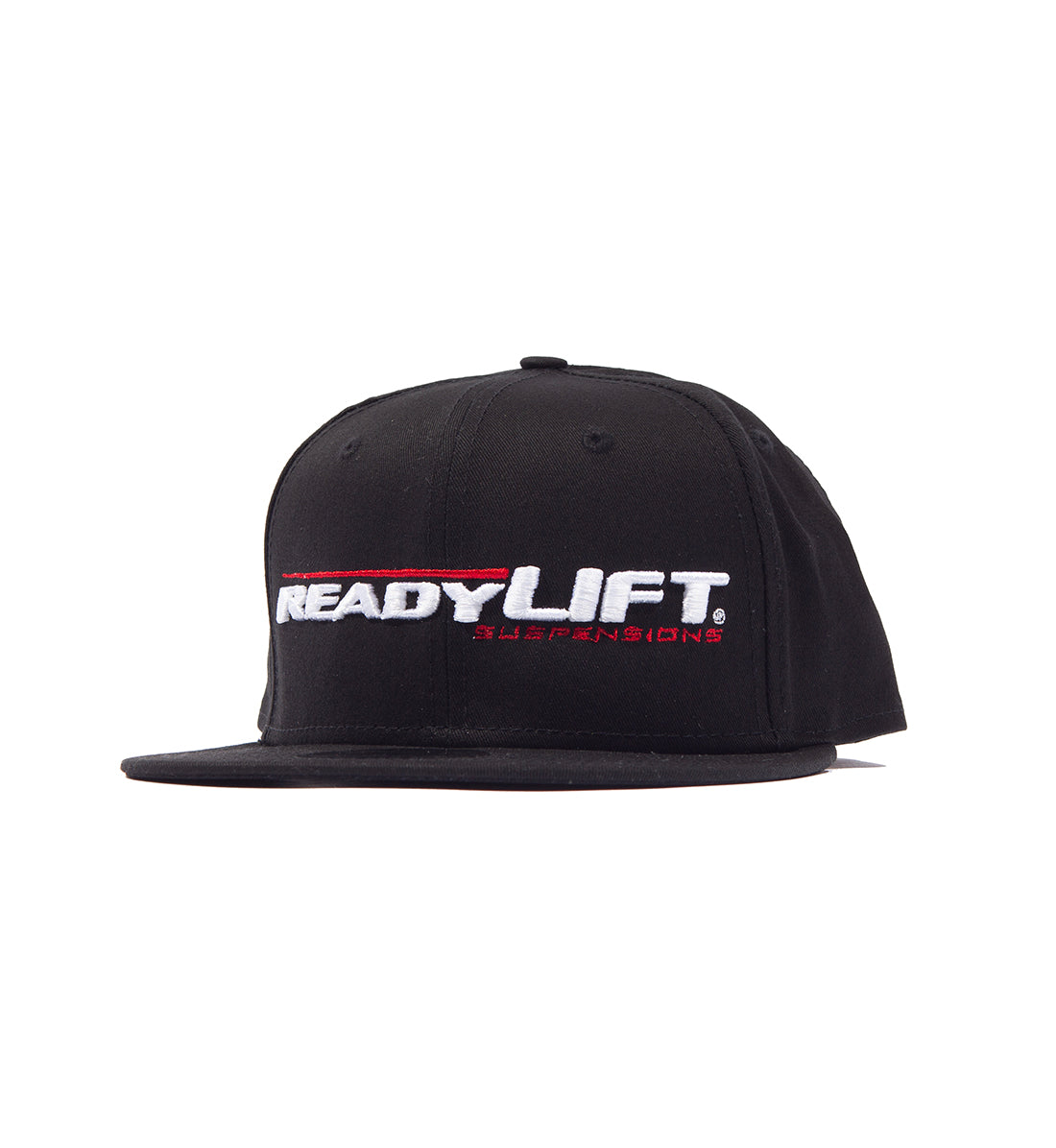 ReadyLift logo snapback hat in black, featuring a front angled view that showcases the embroidered logo on the front panel.