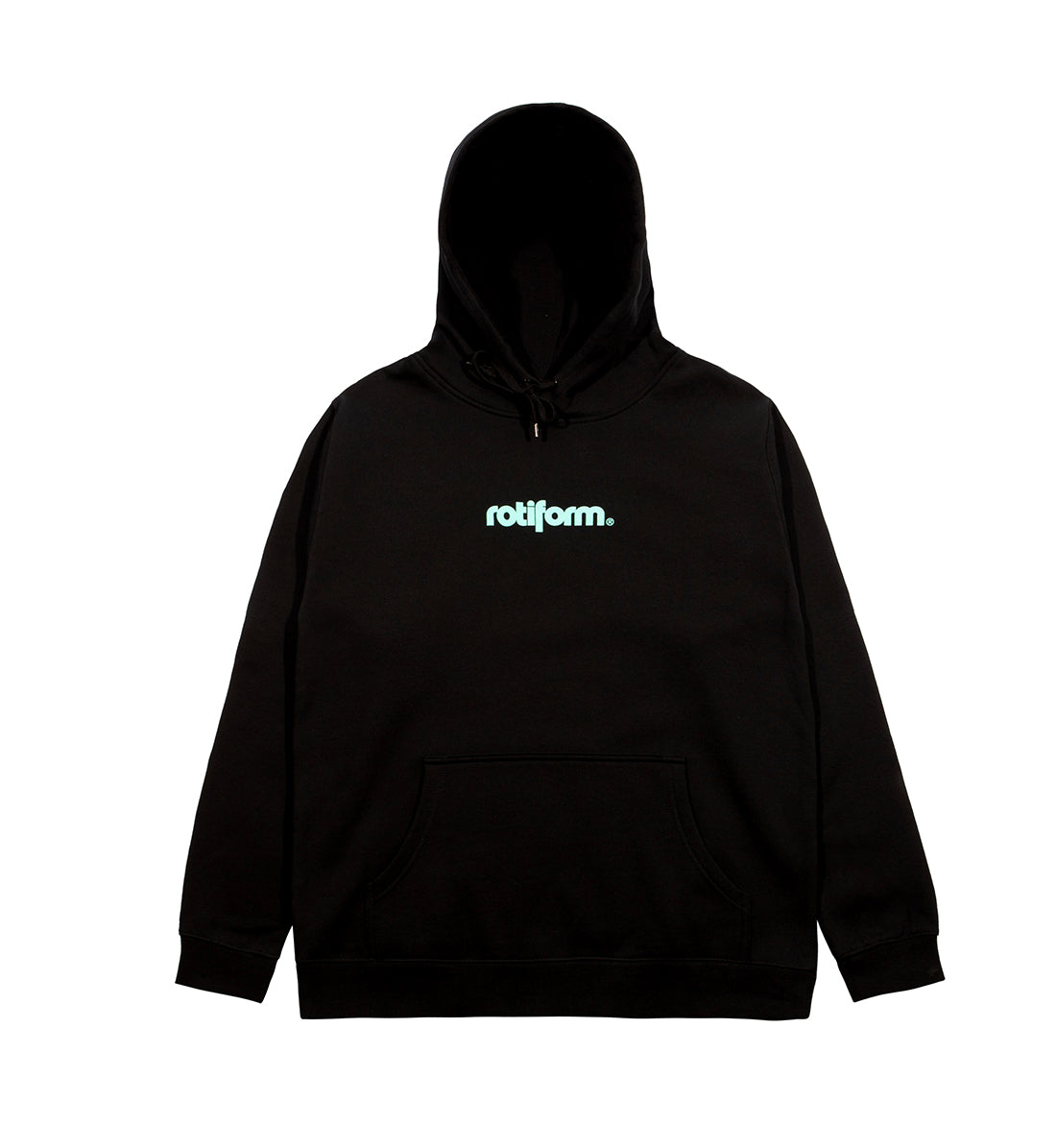 Rotiform STAPLE Hoodie in black with teal logo, featuring a front view showcasing its pullover design and hood.