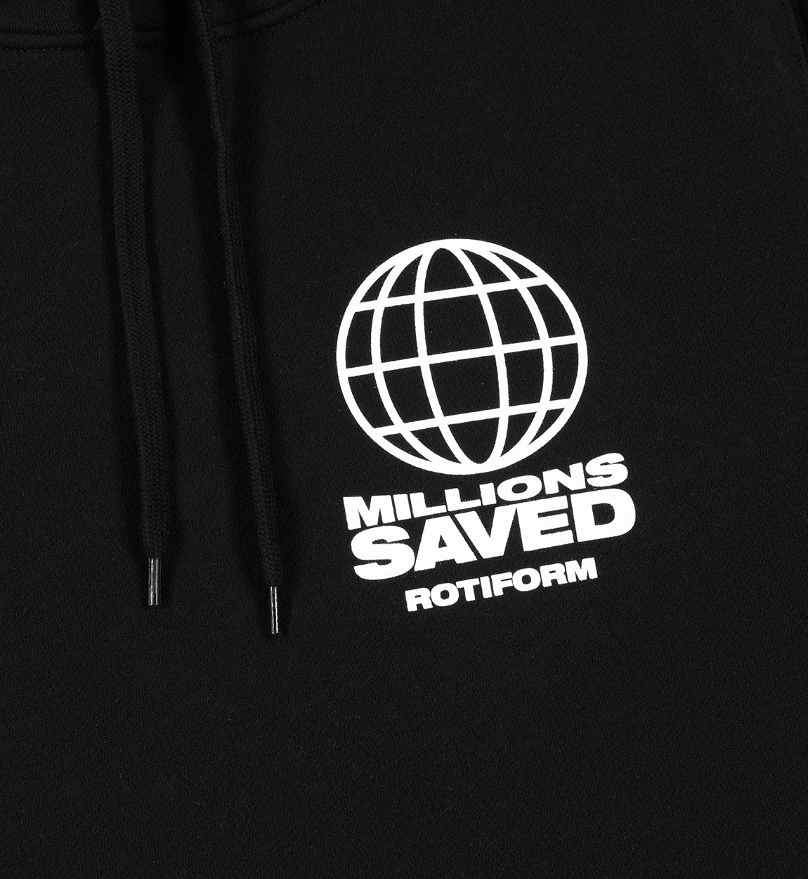 Black Rotiform MILLIONS SAVED hoodie featuring white graphic text on the front and a kangaroo pocket.
