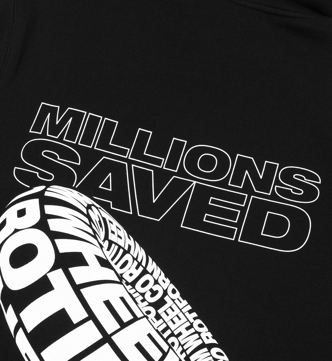 Black hoodie featuring the Rotiform MILLIONS SAVED graphic on the front, with a large logo and vibrant colors against a minimalistic background.
