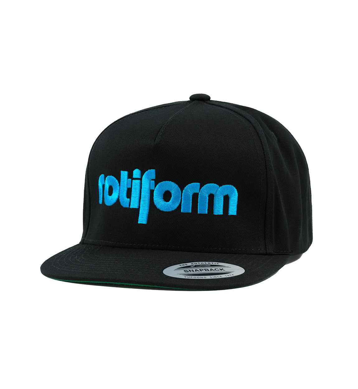 Rotiform STAPLE Snapback Hat in black with blue logo, featuring a structured design and flat brim.