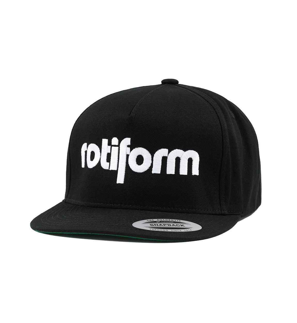 Rotiform STAPLE Snapback Hat in black and white featuring an embroidered logo on the front.